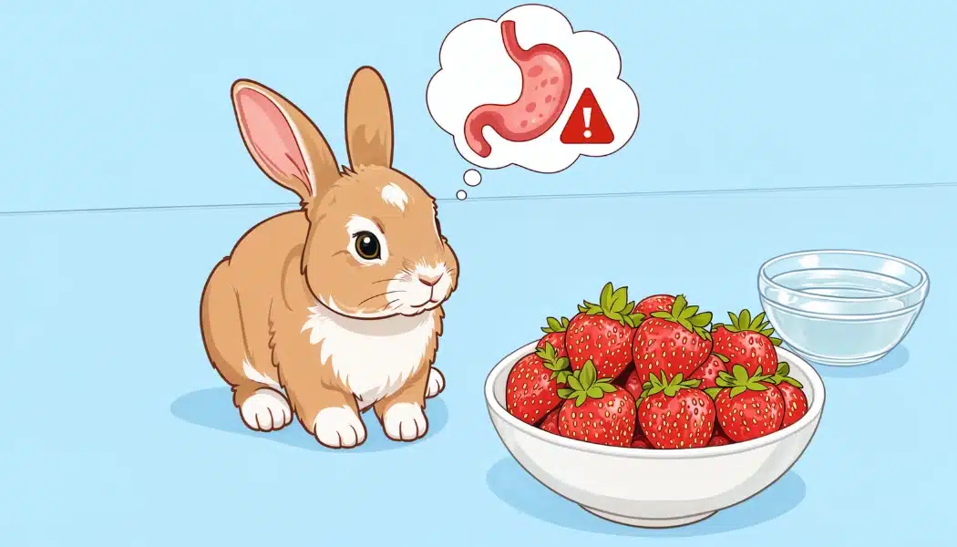 Rabbit with strawberries and a stomach warning thought bubble