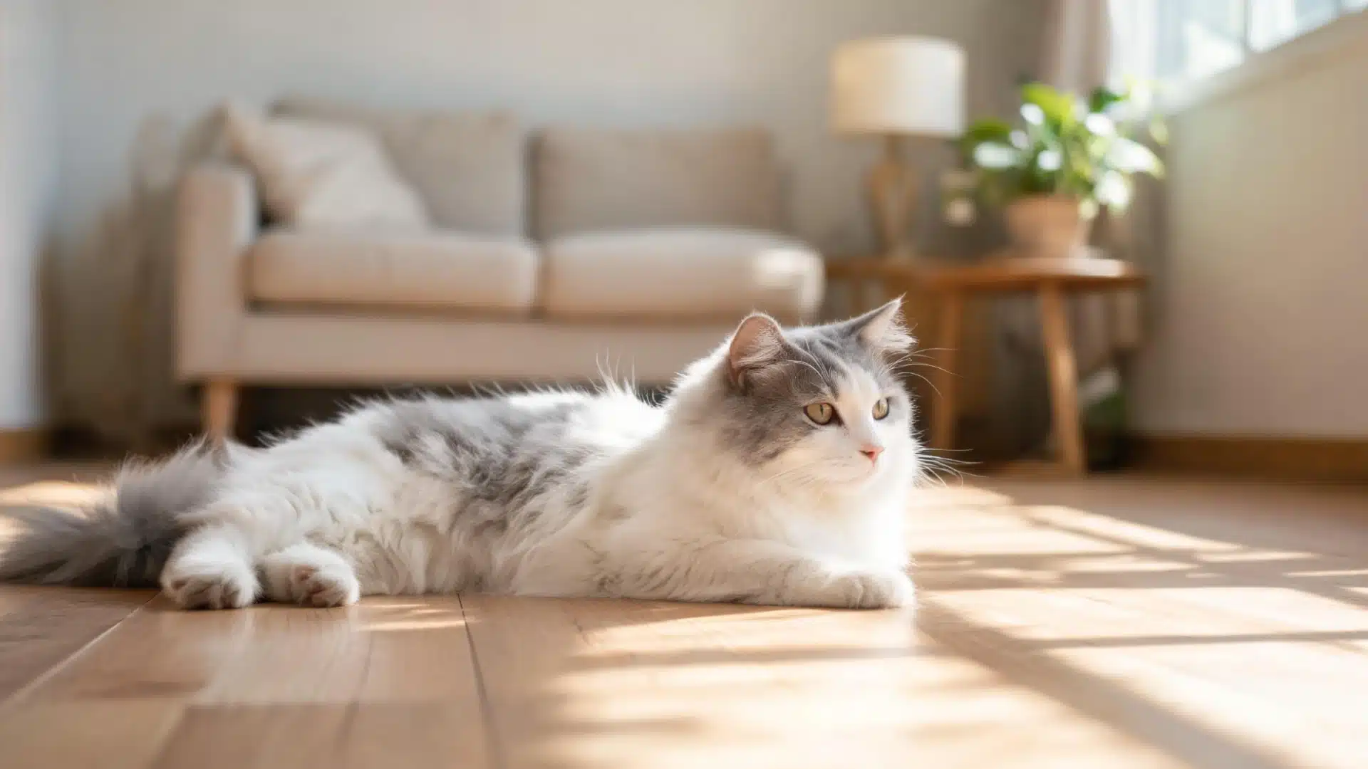 Ragamuffin cat resting on a sunlit wooden floor in a cozy living room