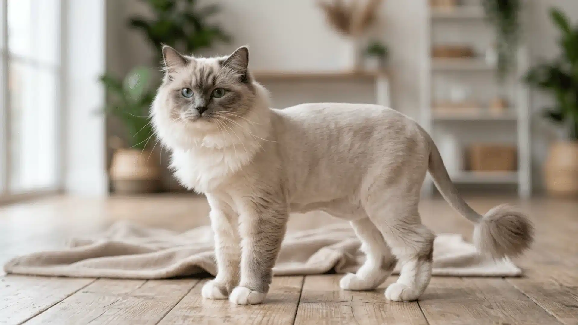 Ragdoll cat with subtle mini lion collar, boots, and pom tail