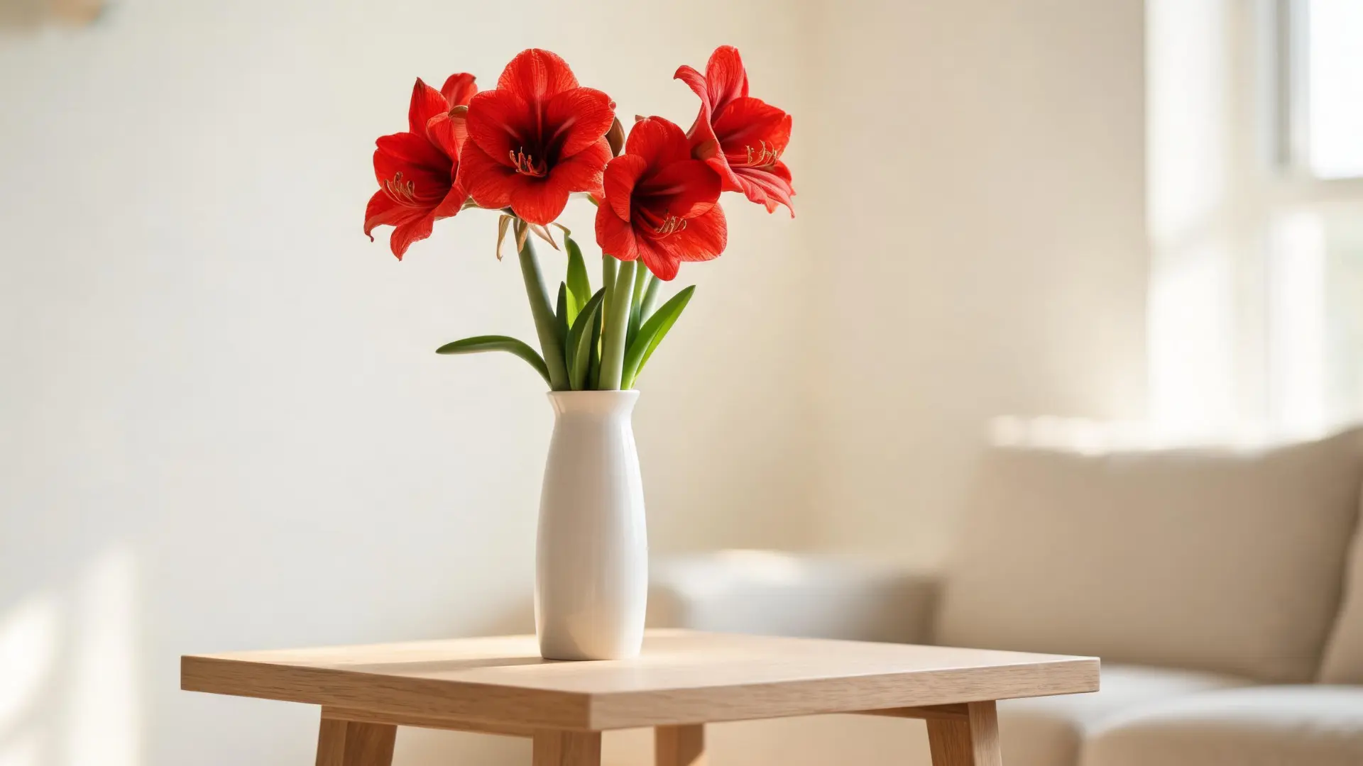 Red amaryllis flowers in a white vase on a wooden table in a bright living room