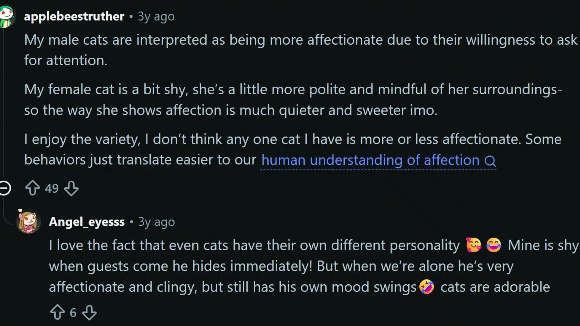 Reddit comment thread discussing how cats show affection differently, with replies about shy and affectionate cat personalities.