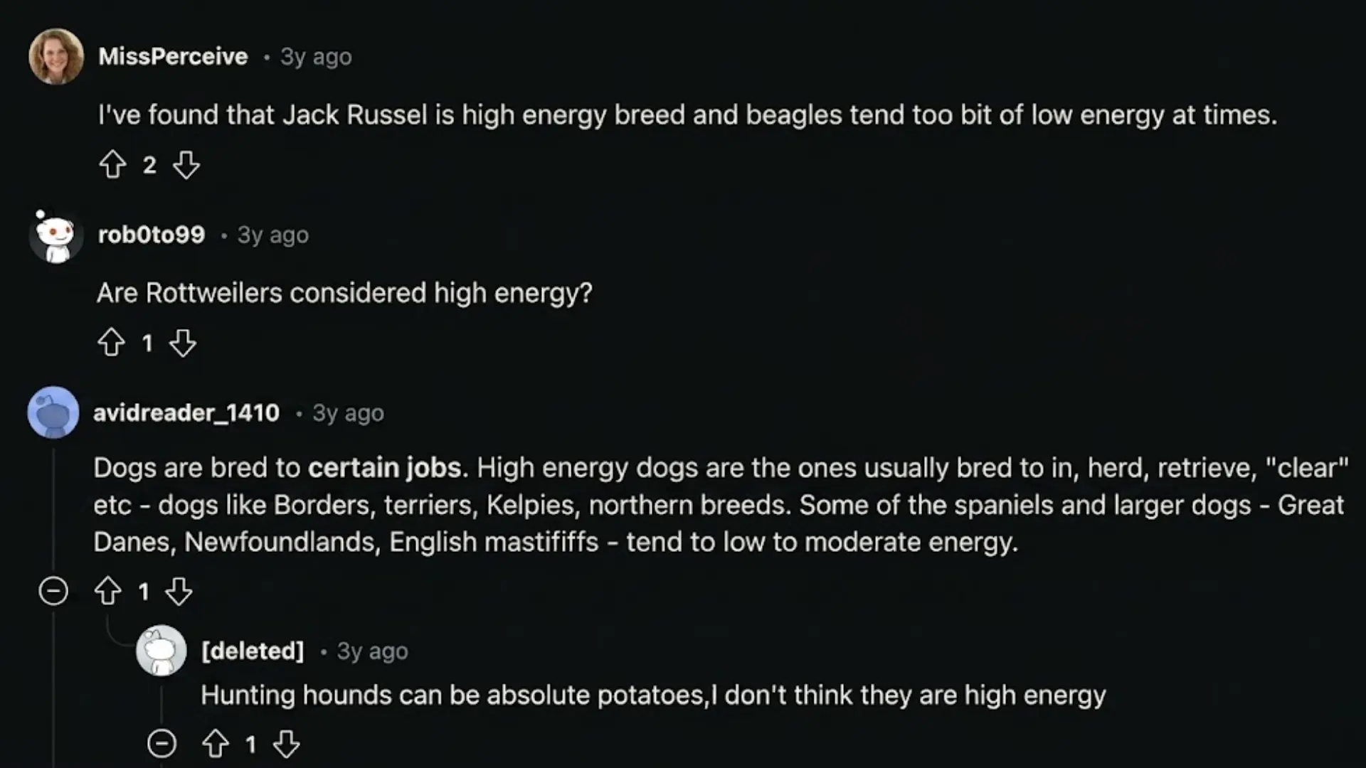 Reddit comments discussing high energy and low energy dog breeds