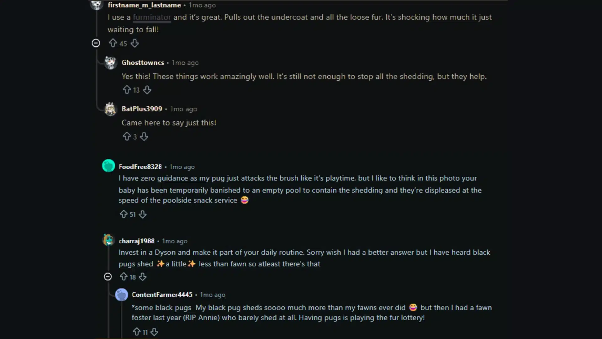 Reddit comments from pug owners sharing grooming tips and shedding experiences