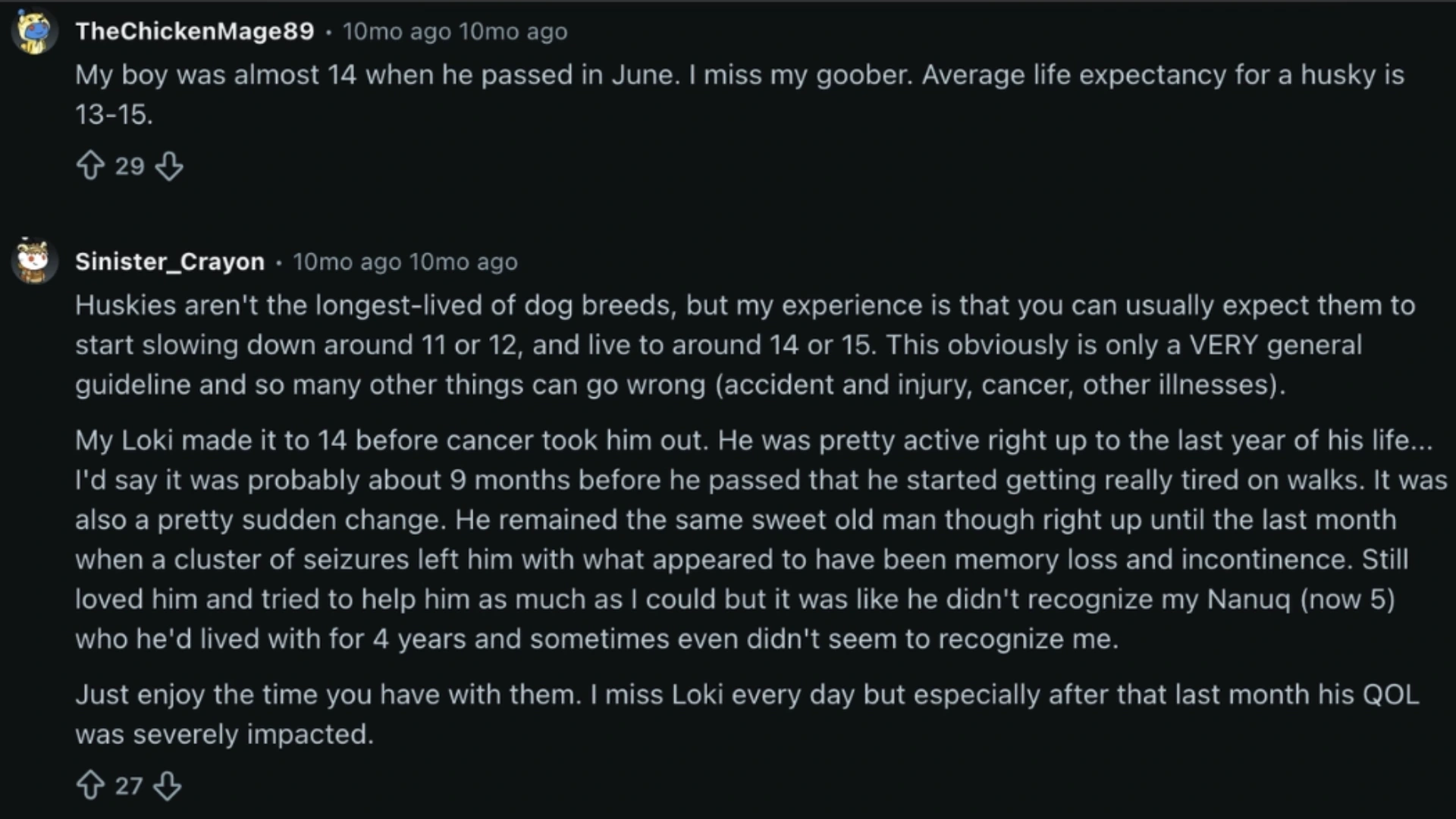 Reddit comments sharing personal stories about aging huskies, lifespan expectations, illness, and end of life care