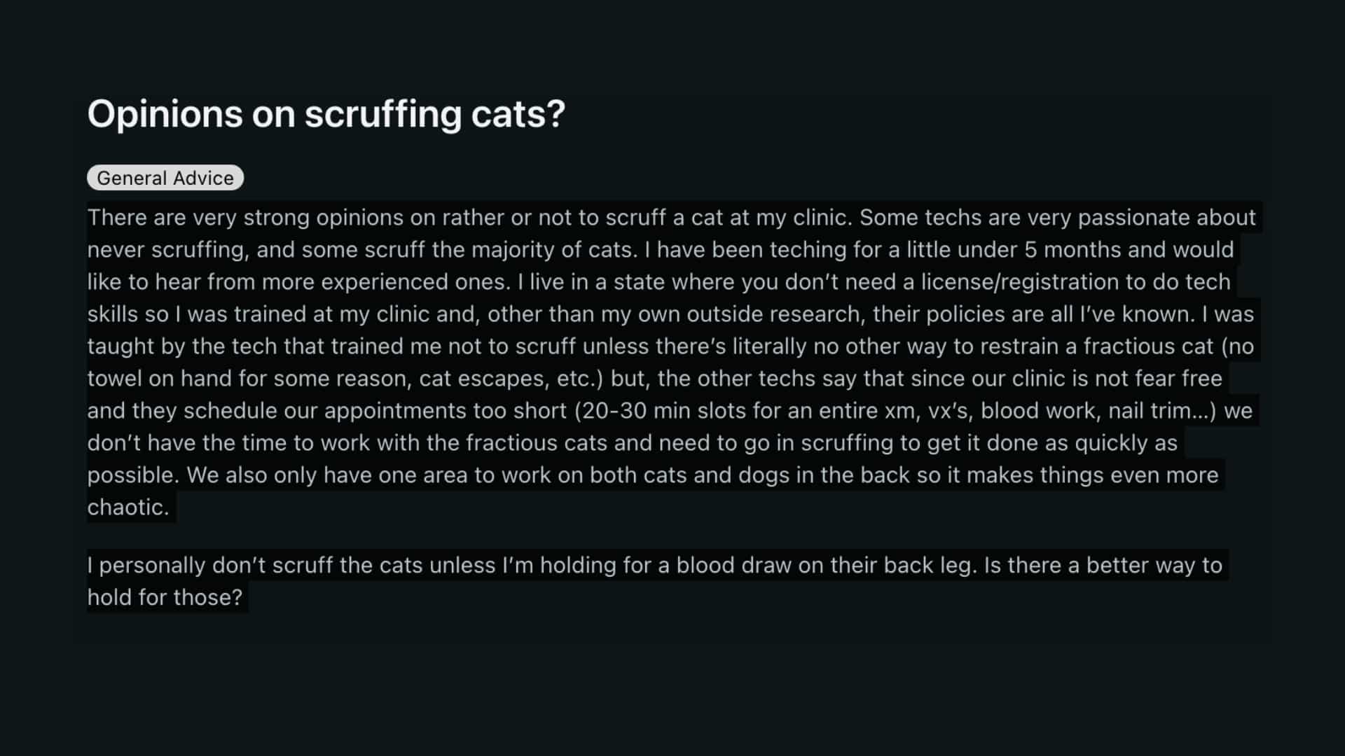 Reddit discussion on vet tech opinions and alternatives to scruffing cats.