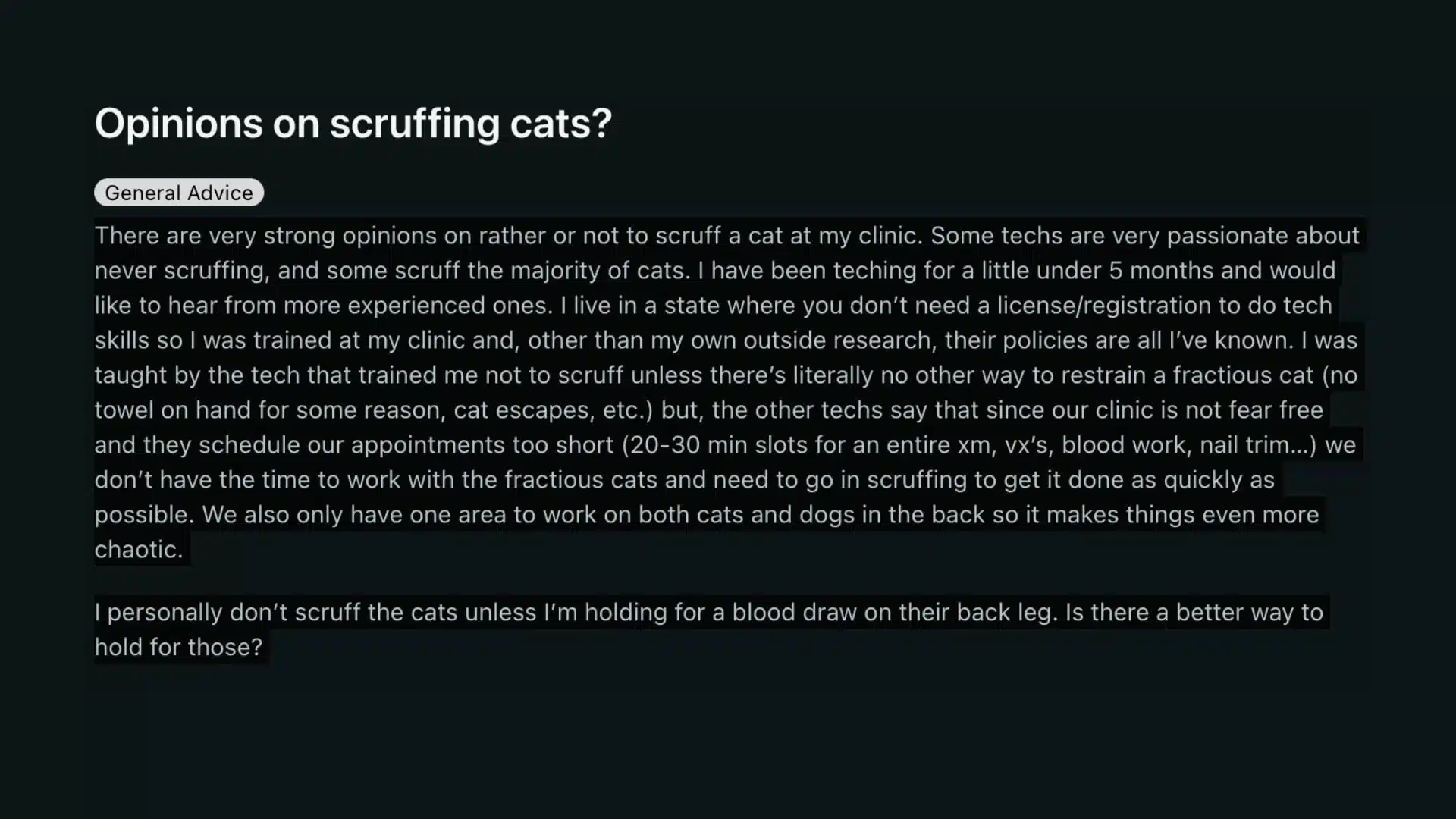 Reddit discussion on vet tech opinions and alternatives to scruffing cats.