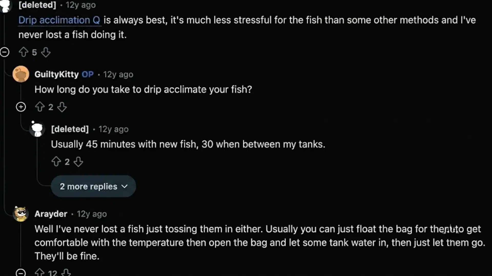 Reddit discussion showing fish owners sharing drip acclimation times and aquarium acclimation methods for new fish