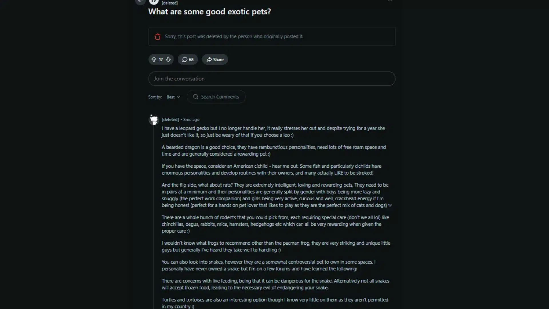 Reddit discussion thread about good exotic pets with user comments sharing experiences and pet recommendations