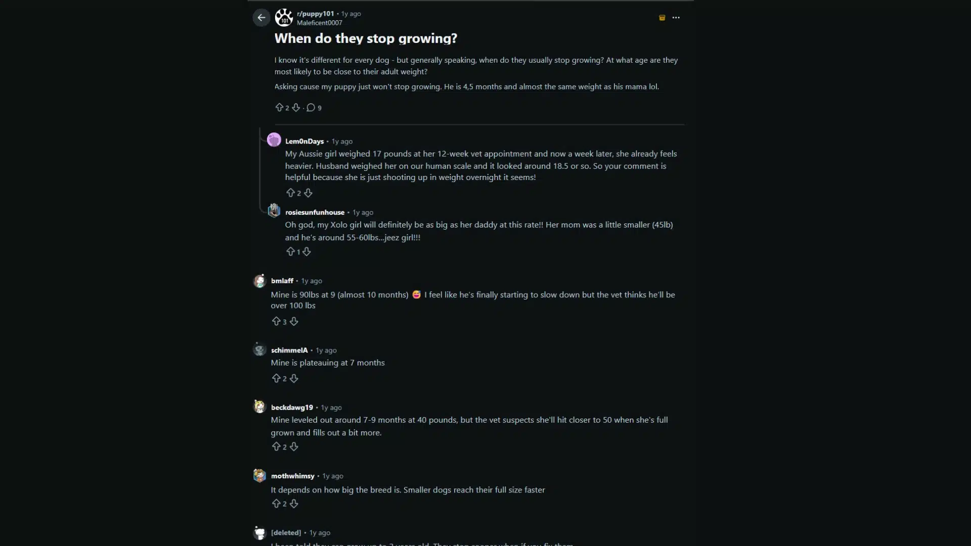 Reddit thread on when puppies stop growing with owners sharing puppy growth experiences