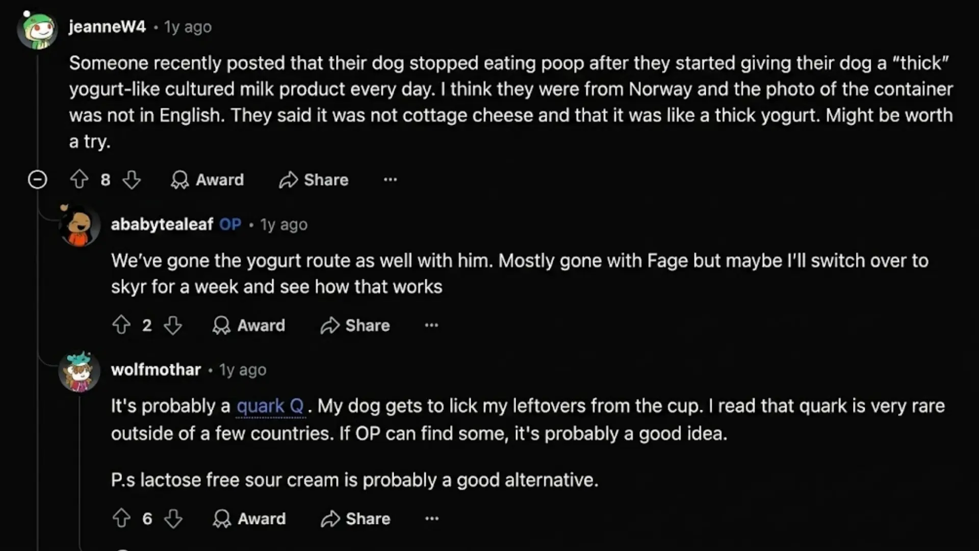 Reddit thread sharing yogurt, skyr, and quark tips for dogs that eat poop