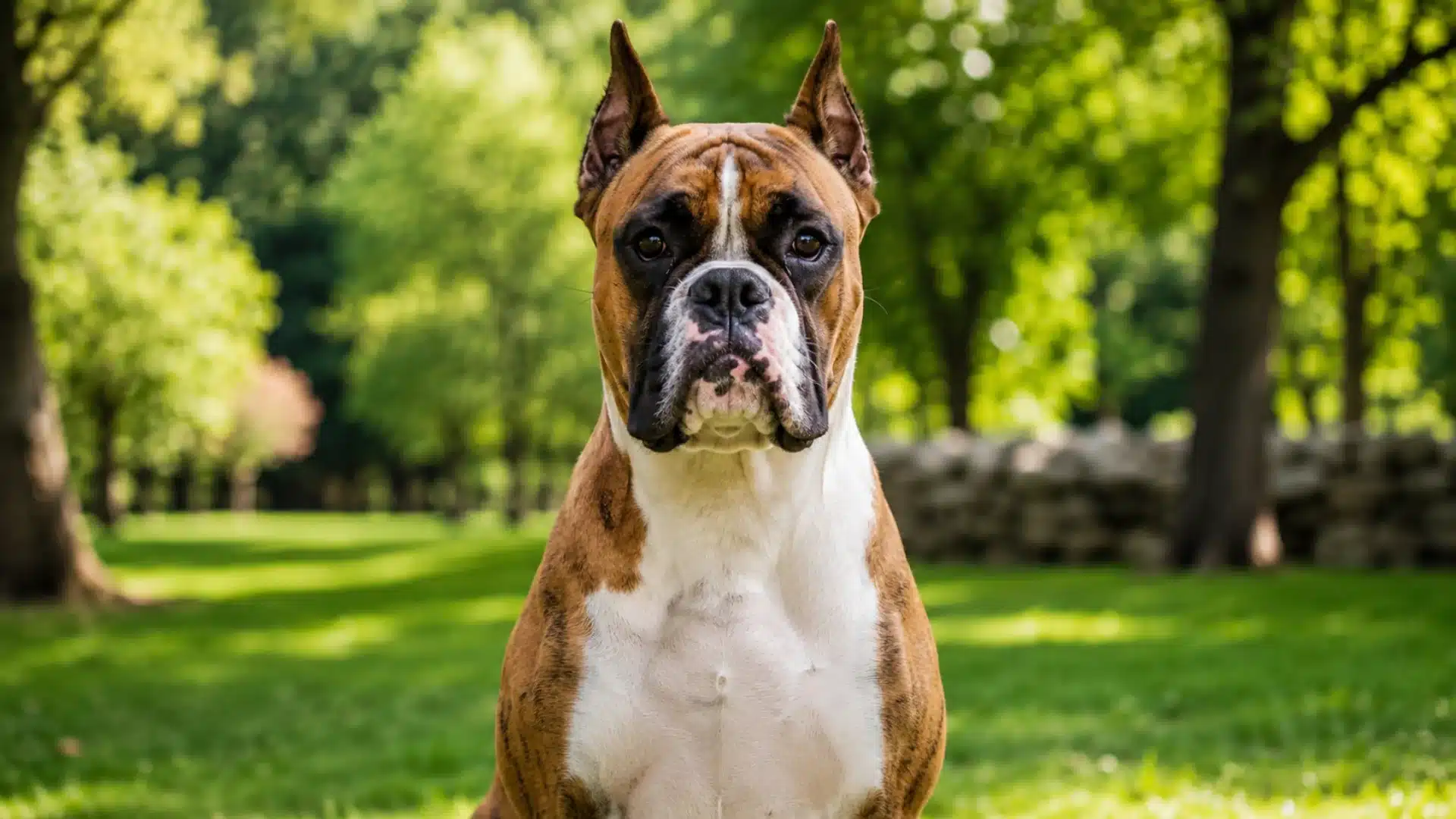 Regal boxer dog sitting in a lush green park with warm natural light