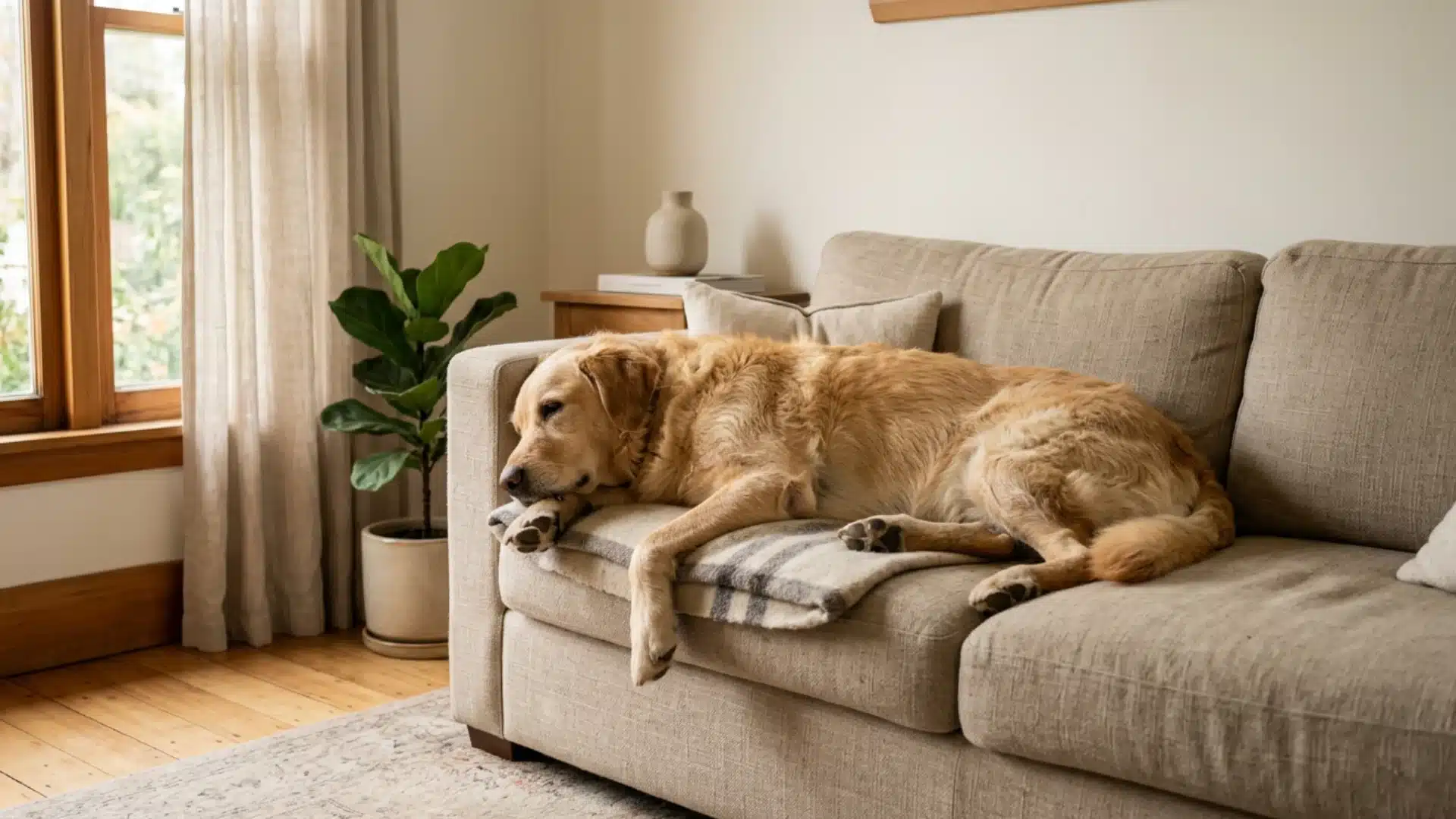 Relaxed dog lying loosely on a couch with eyes half-open, showing calm but aware behavior after trazodone