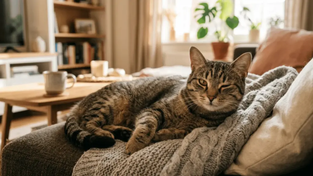 Relaxed tabby cat winking on a cozy couch in a sunlit living room