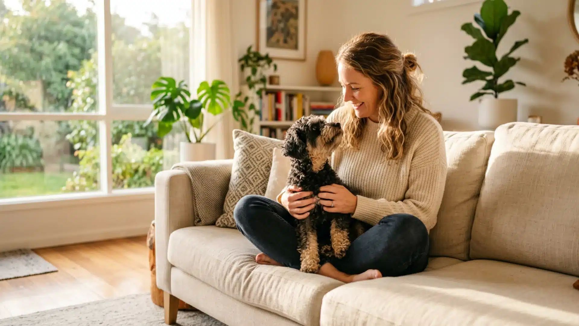 Reputable Schnoodle breeder sitting on floor with healthy socialized schnauzer poodle mix puppies