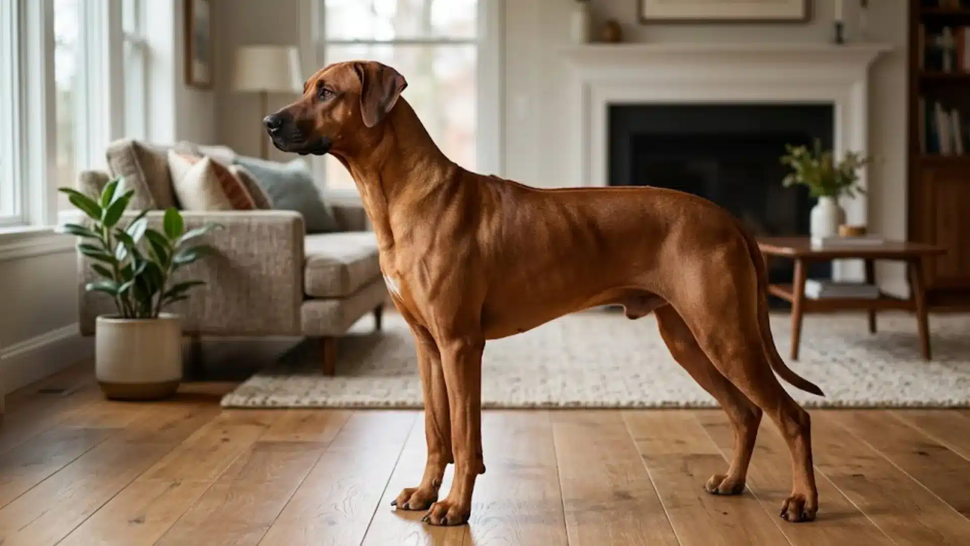 Rhodesian Ridgeback standing in a bright living room by the window