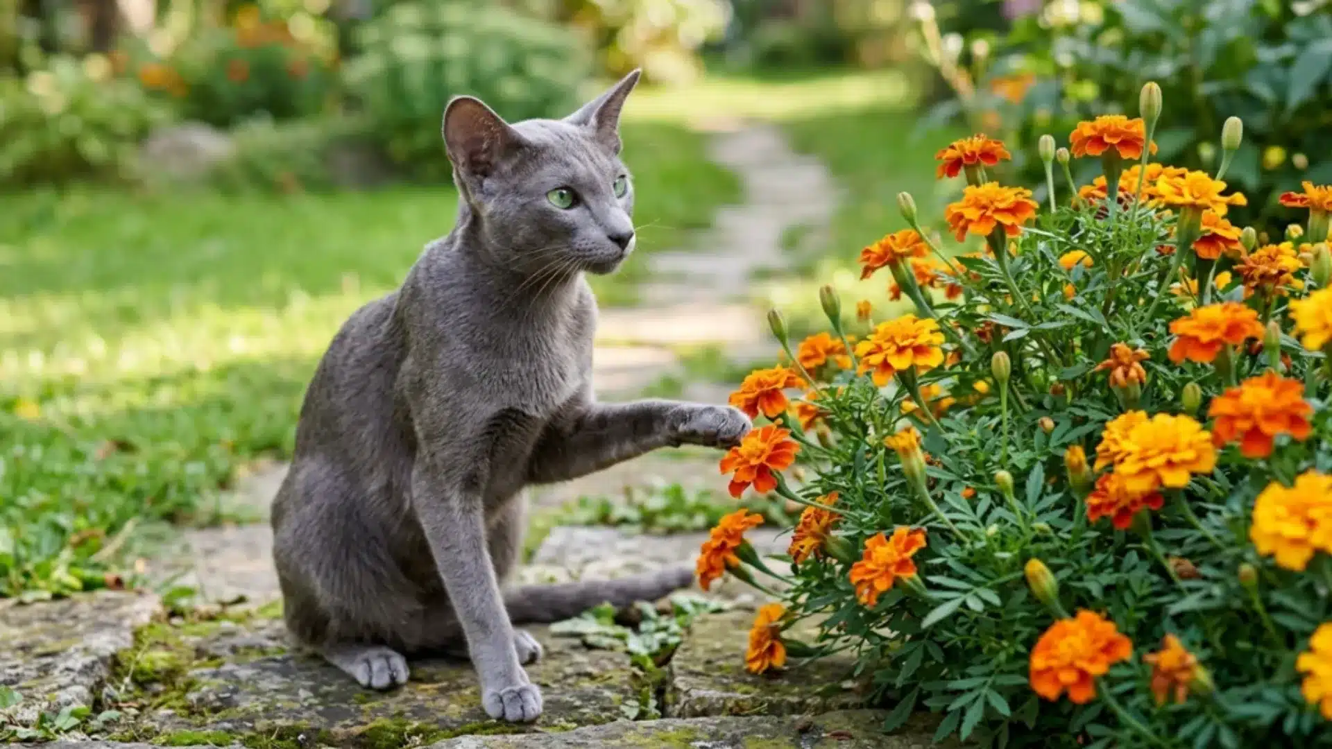 Russian Blue cat beside orange flowers