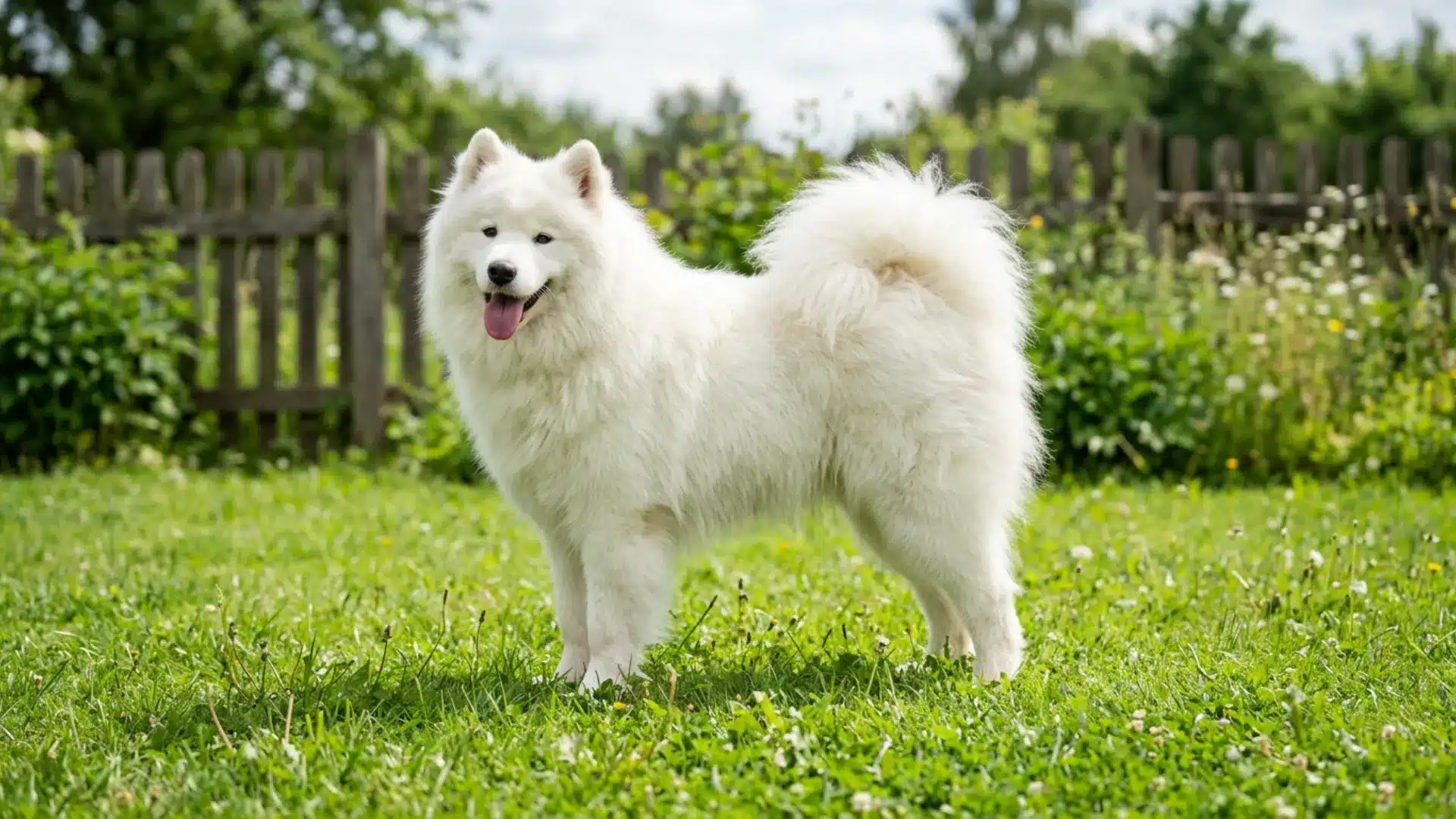 Samoyed with white fluffy coat and upturned smile standing in Siberian tundra at sunset
