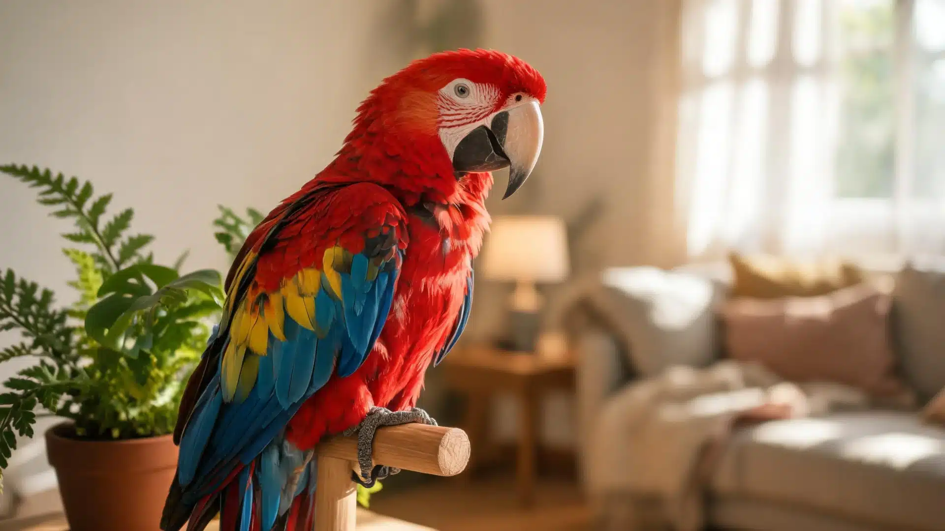 Scarlet macaw perched indoors with vibrant red, blue, and yellow feathers in a cozy living room