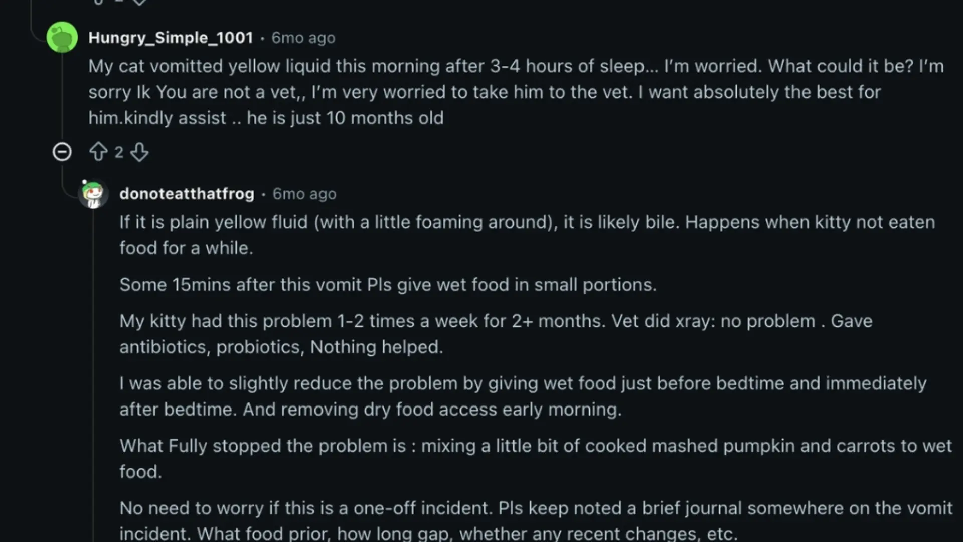 Screenshot of Reddit comments discussing yellow cat vomit, bile, skipped meals, wet food, and symptom tracking