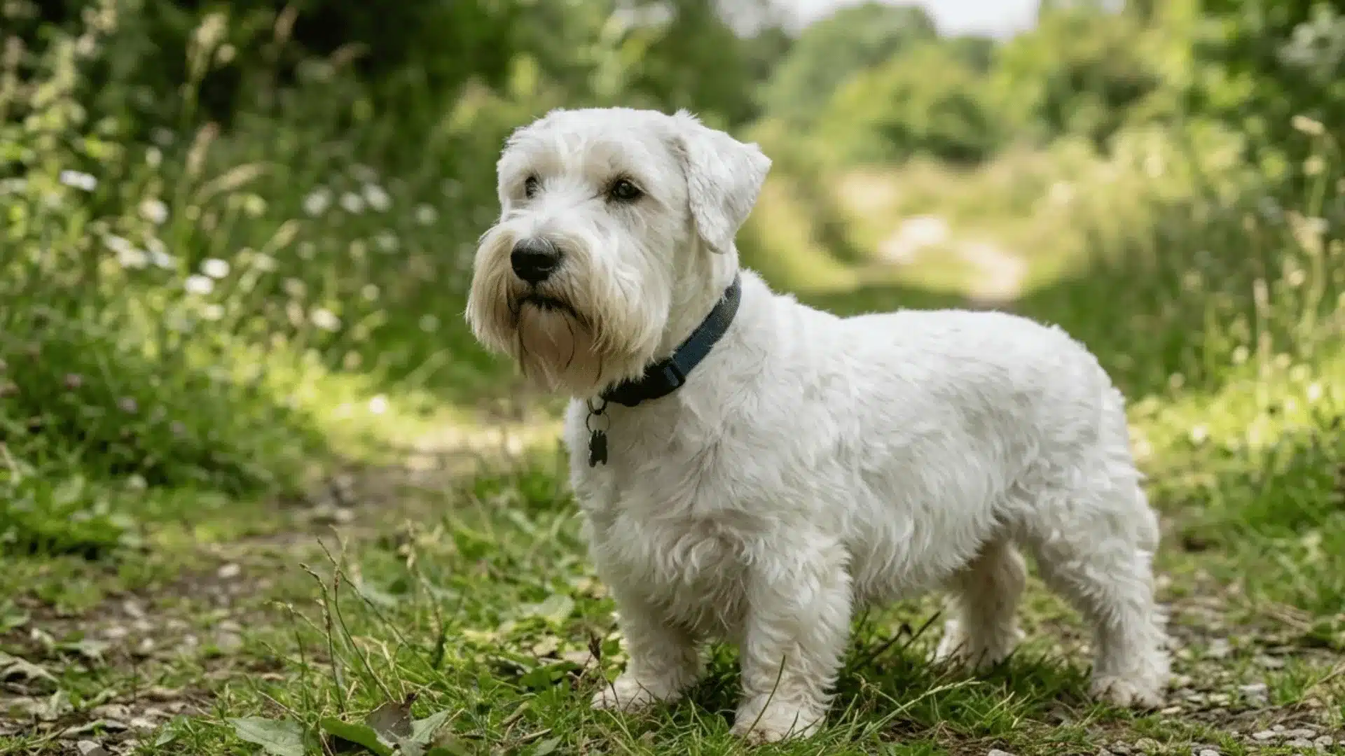 Sealyham Terrier with a white coat and beard stands on a grassy path
