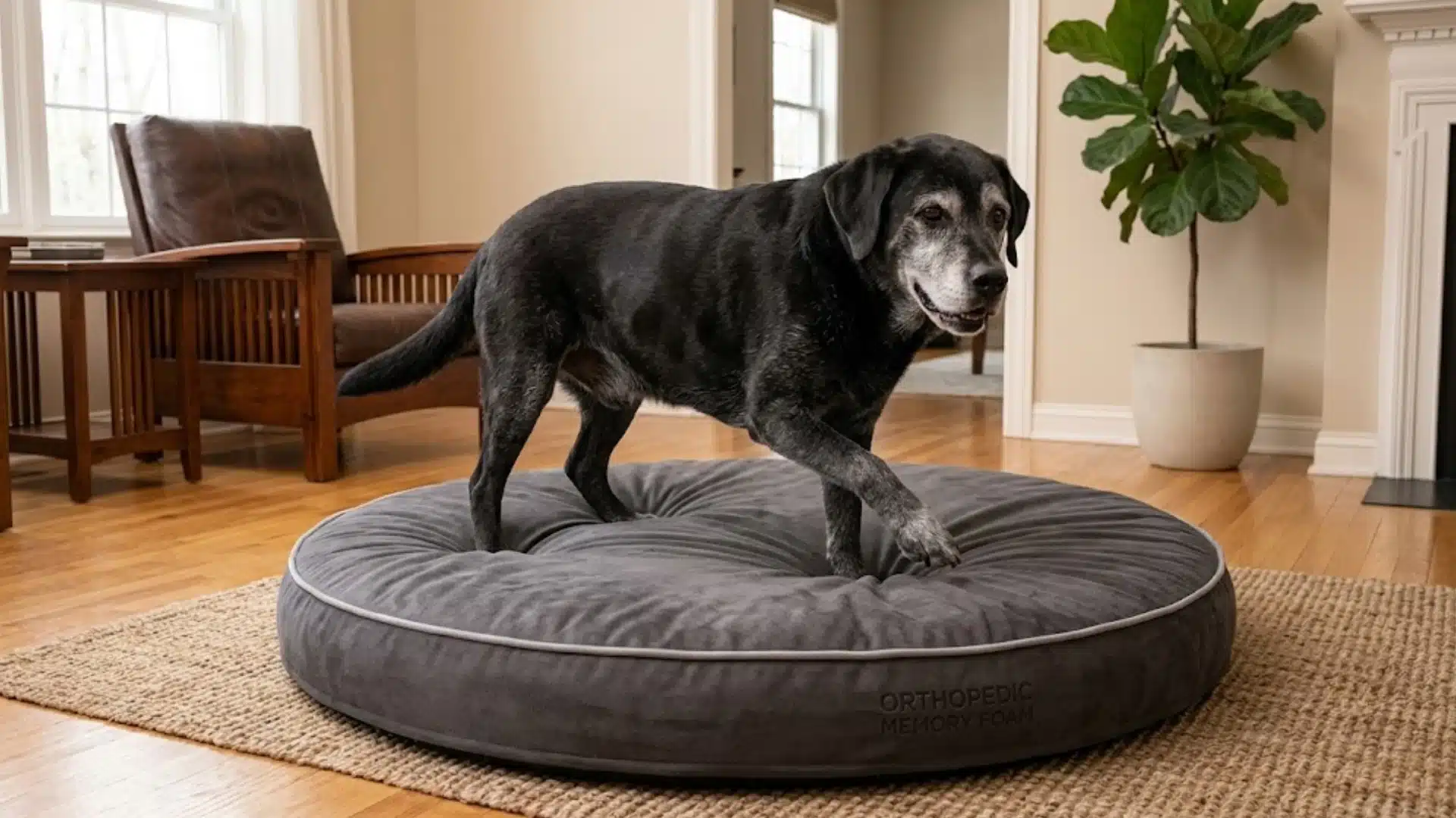 Senior black dog standing on a gray orthopedic bed in a bright living room before lying down