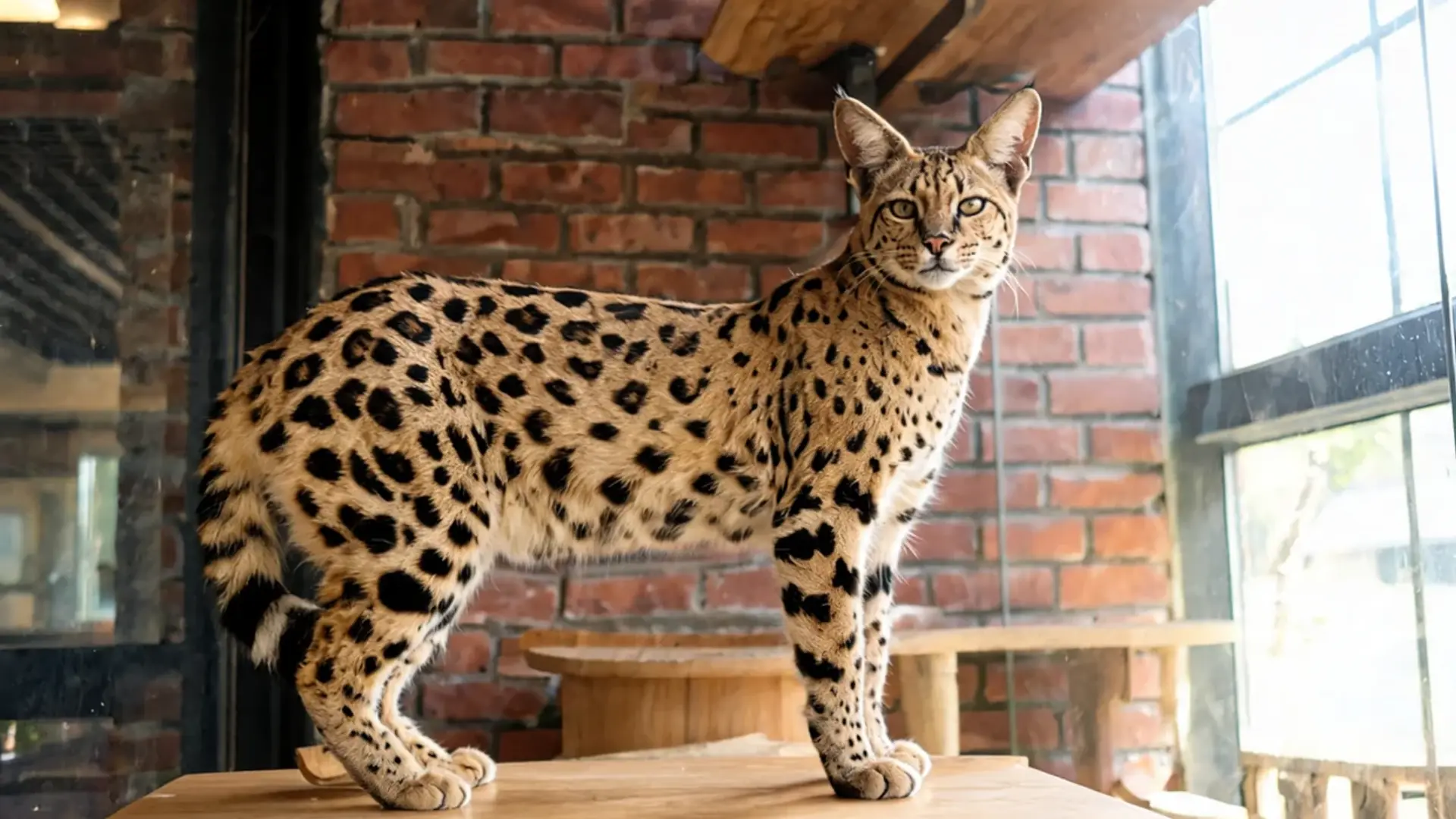Serval cat standing indoors near a window in a modern brick home with natural sunlight streaming in