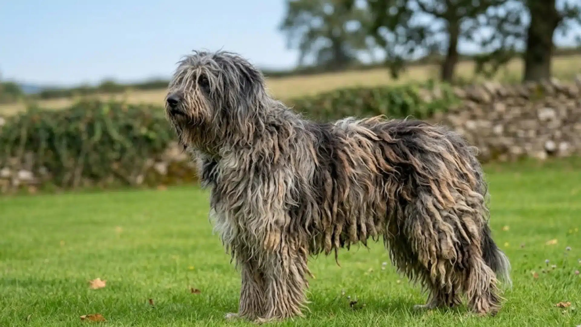 Shaggy gray and tan dog standing on green grass with a stone wall and trees in the background