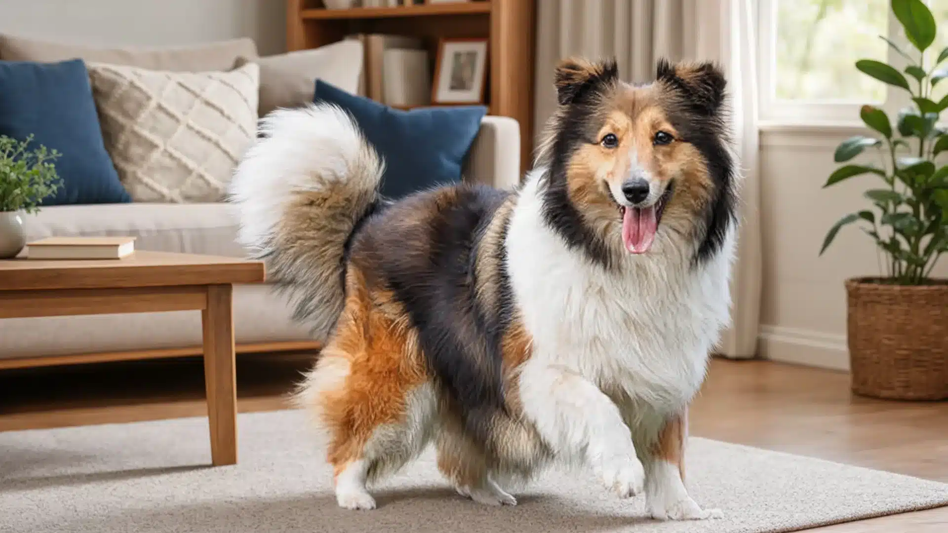 Sheltie standing happily in a cozy living room