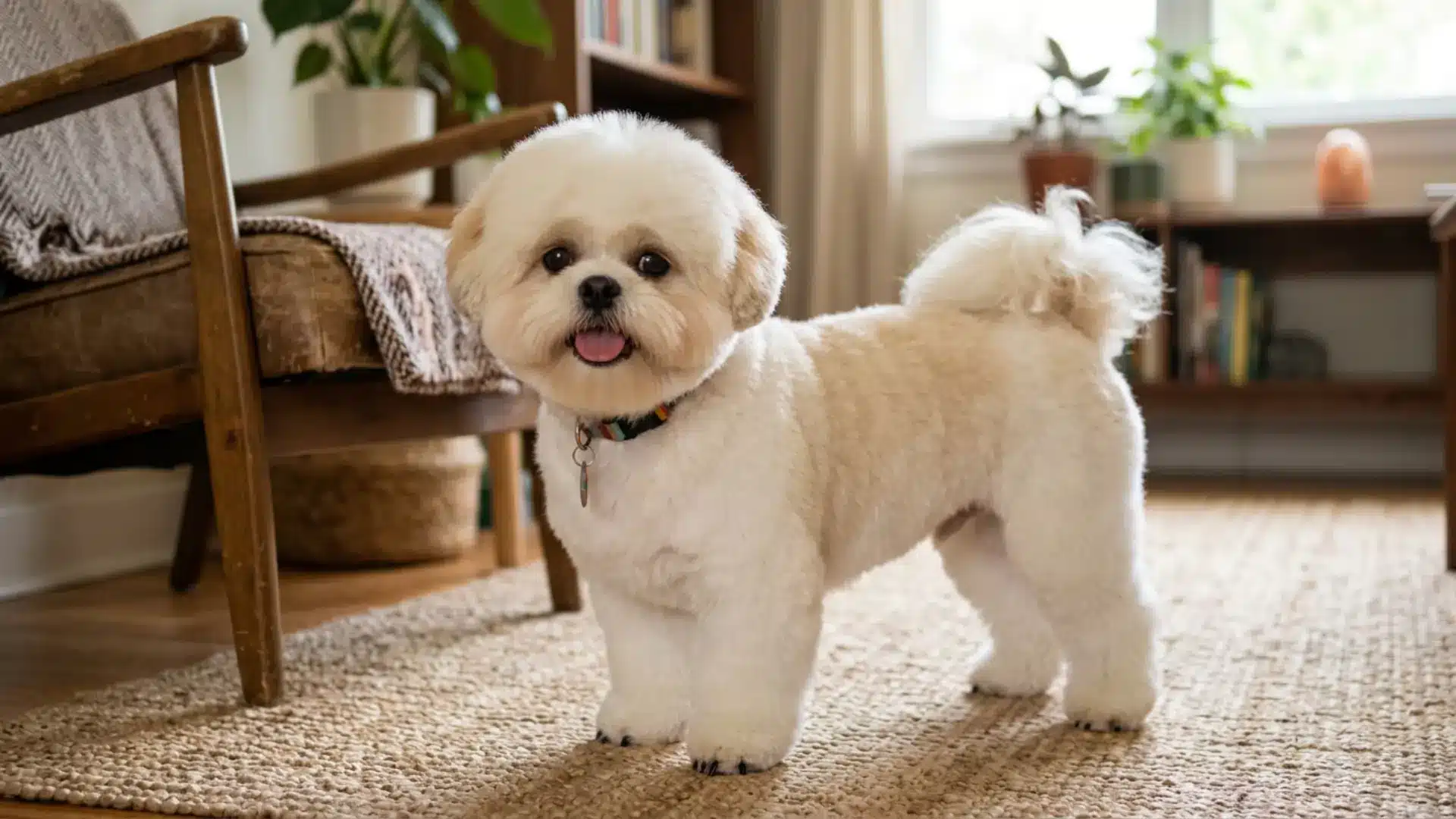 Shih Tzu Bichon Frise cut with round fluffy face and soft coat standing on a cozy indoor rug