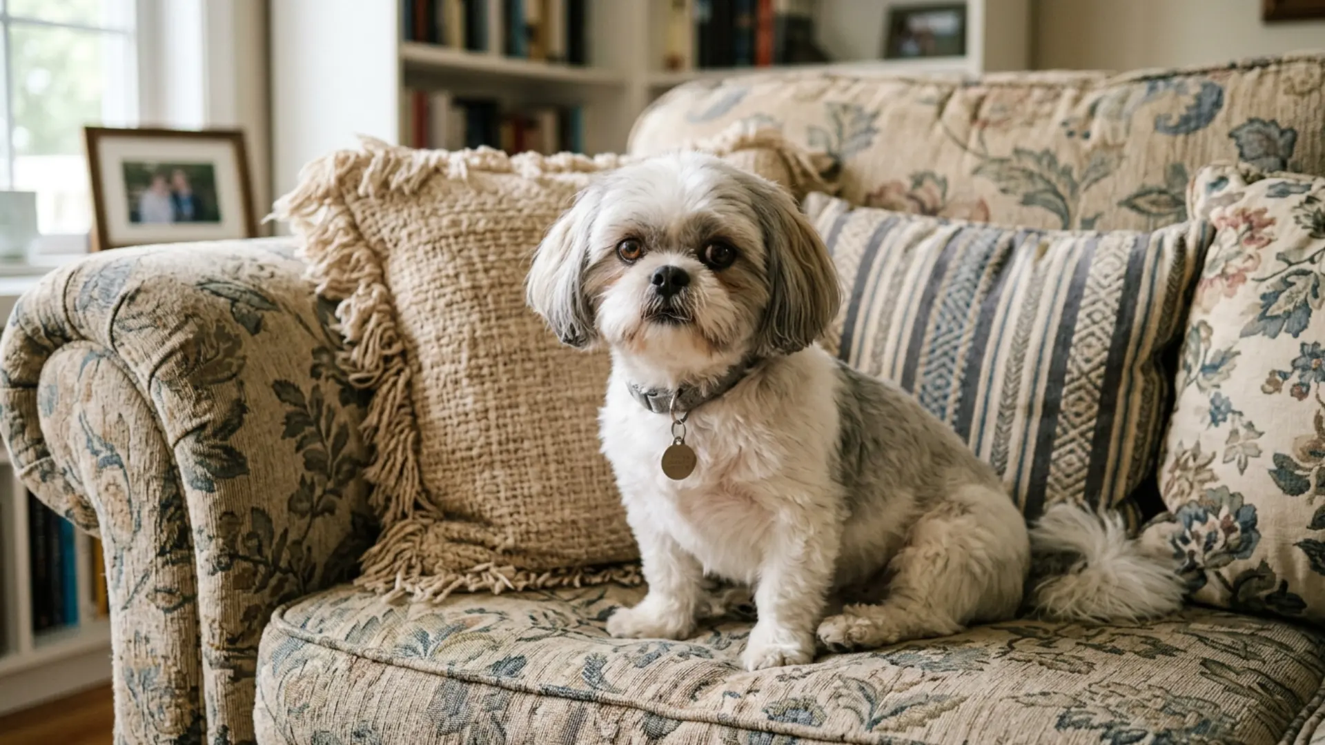 Shih Tzu bob cut with neat rounded face sitting on a patterned sofa in a cozy living room