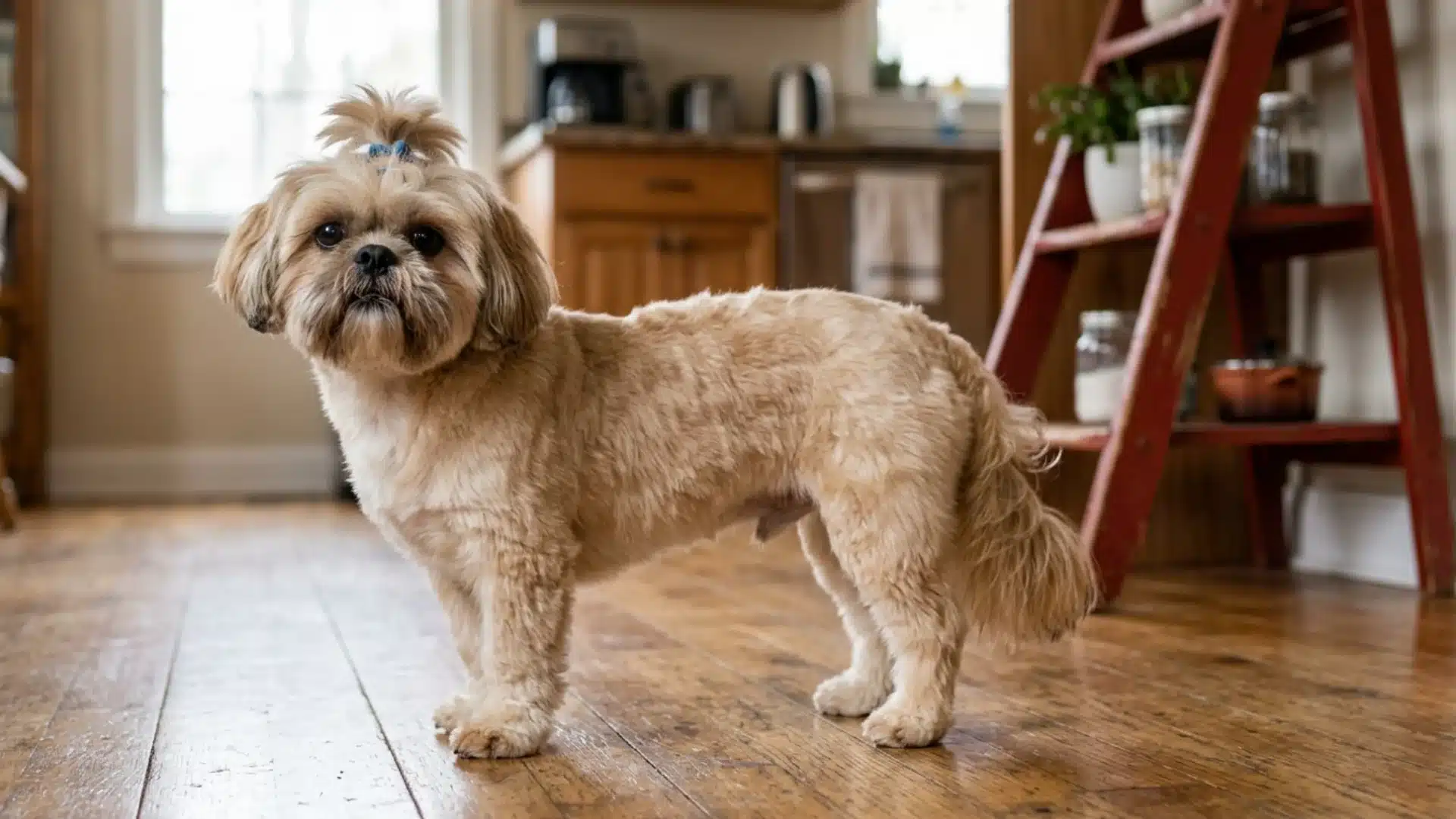 Shih Tzu kennel cut with short summer coat and small top knot standing on a wooden kitchen floor