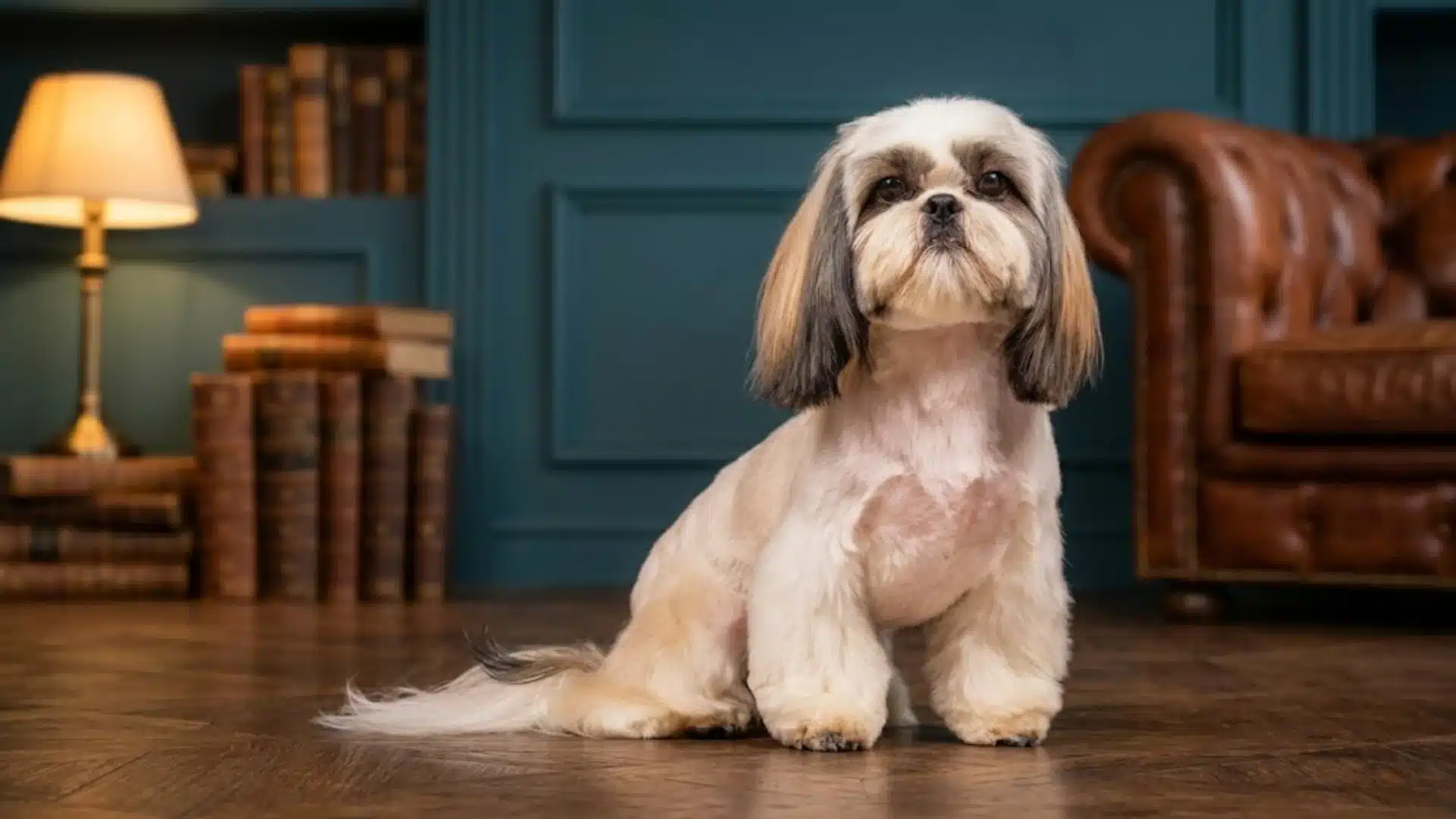 Shih Tzu lamb cut with fluffy legs and short body sitting on wood floor in a cozy room