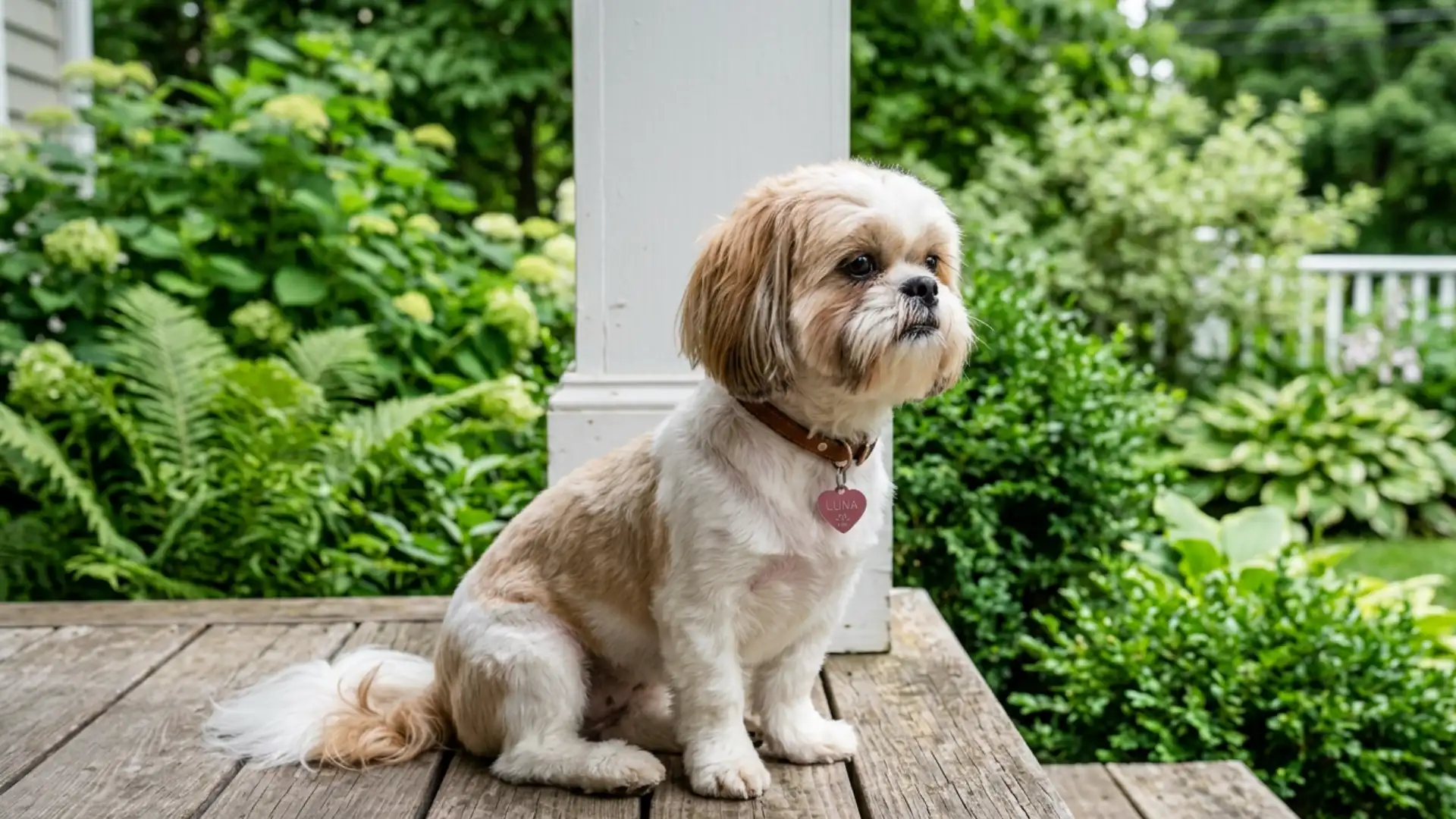 Shih Tzu lion haircut with short body and fuller face sitting on a wooden porch by greenery