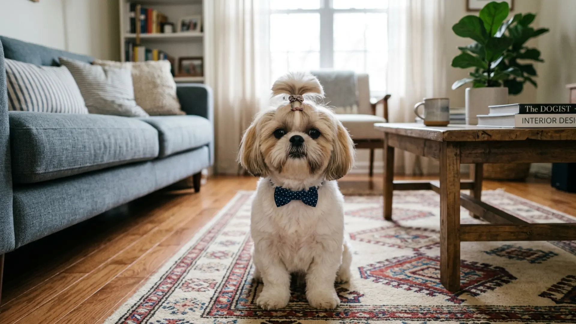 Shih Tzu Miyuki cut with top knot and bow tie sitting on a patterned rug in a cozy living room