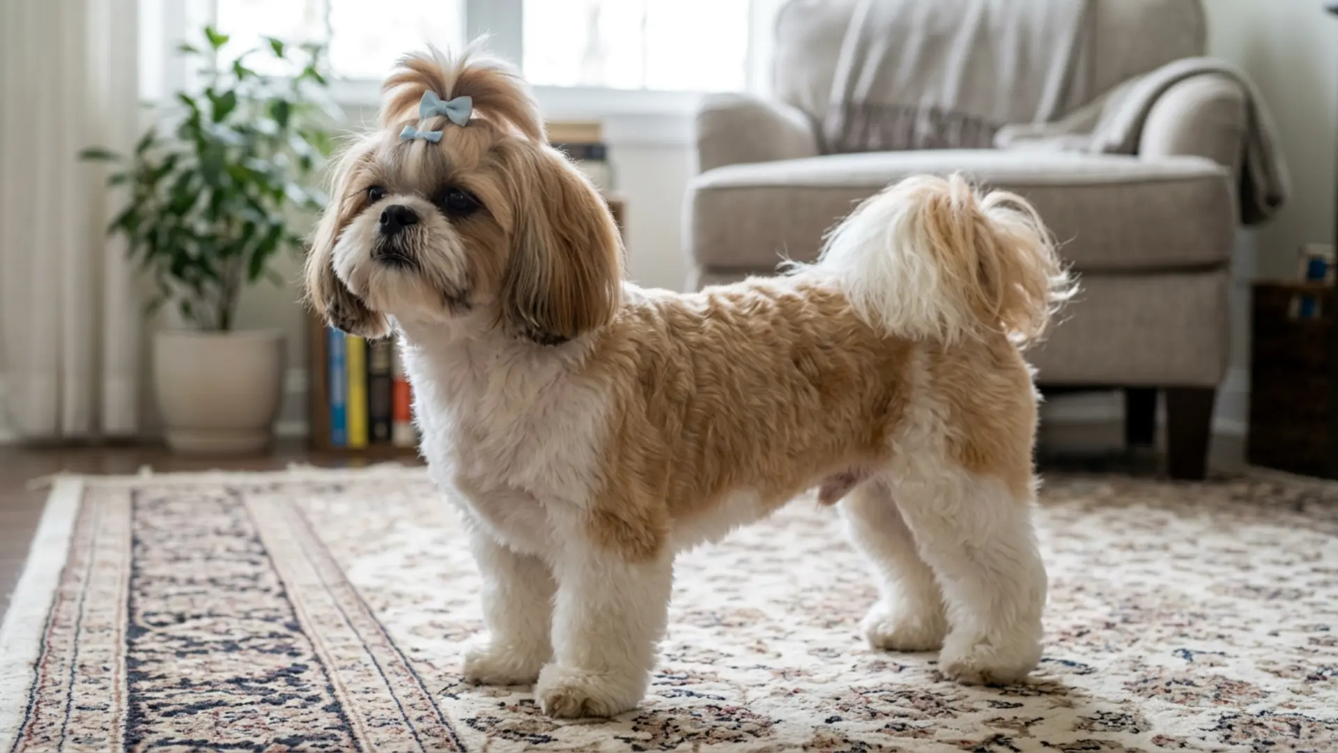 Shih Tzu modified show cut with top knot and fluffy coat standing on a patterned rug indoors