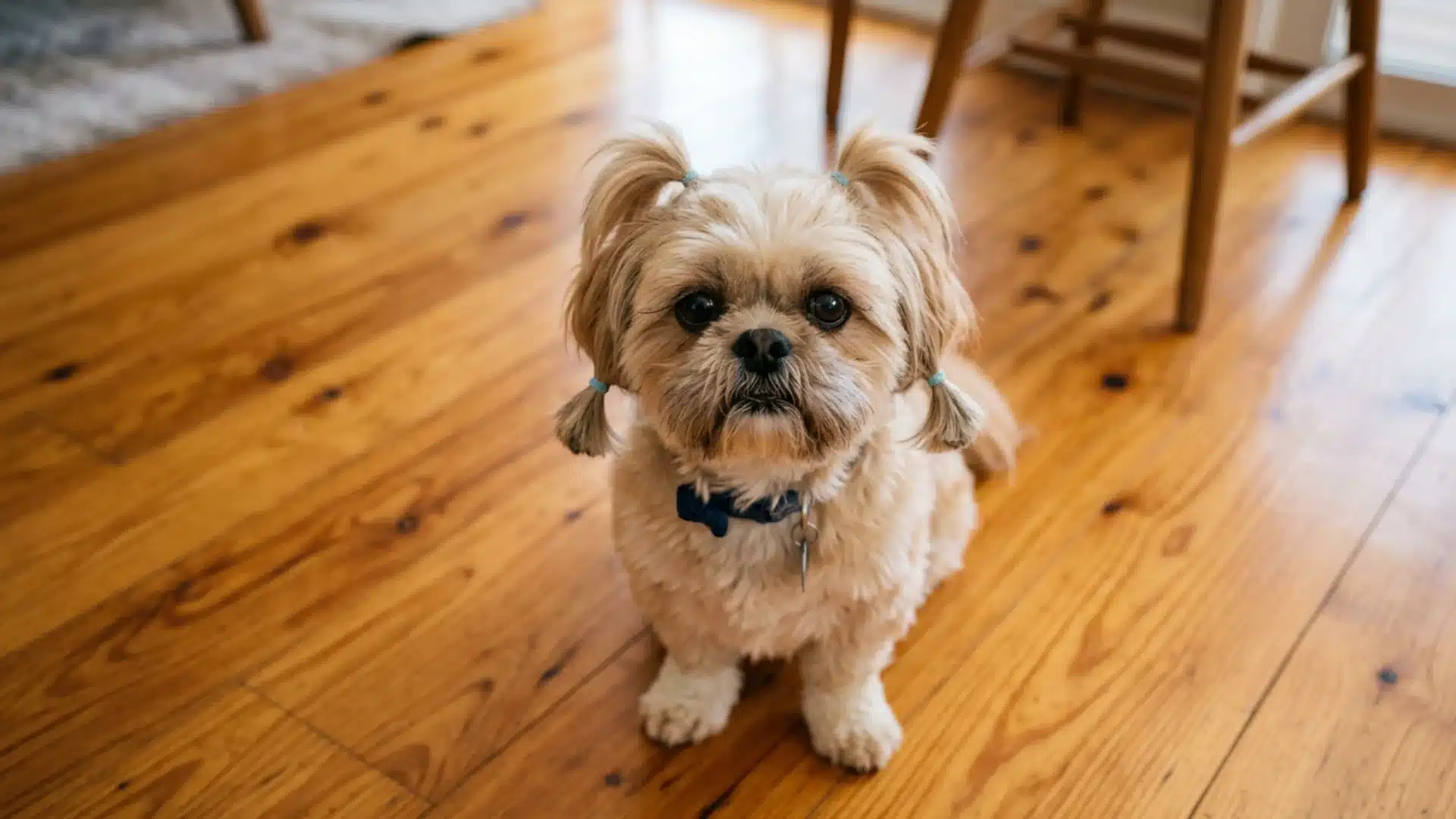 Shih Tzu pigtail cut with two small tied sections sitting on a wooden floor indoors