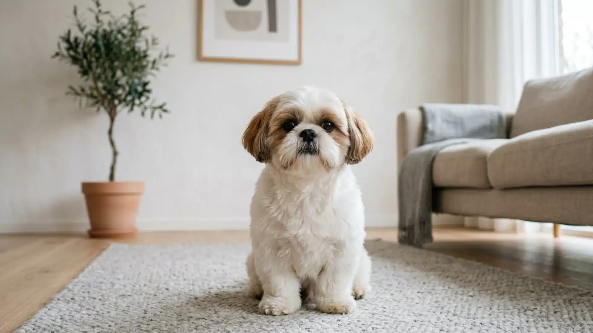 Shih Tzu puppy cut with rounded face and fluffy coat sitting on a rug in a cozy living room at home