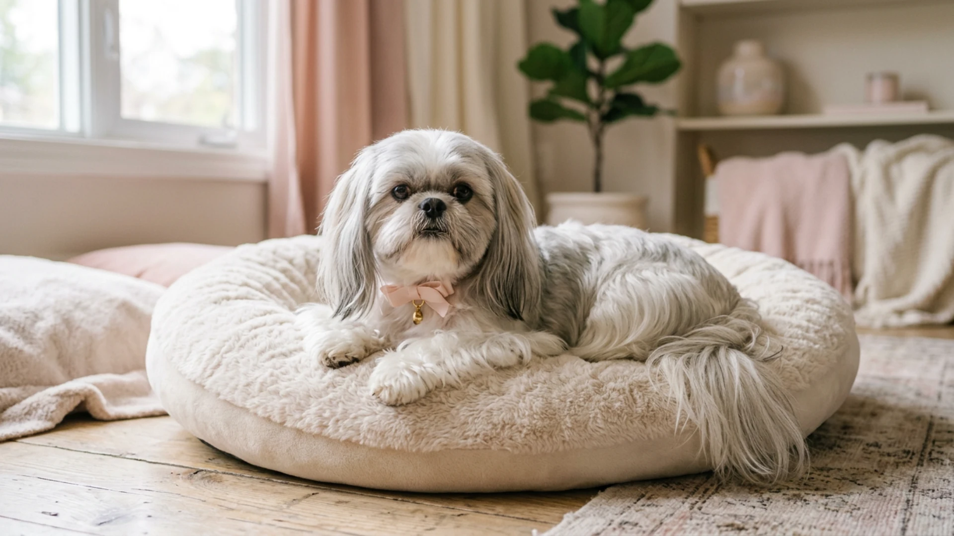 Shih Tzu resting on a dog bed indoors