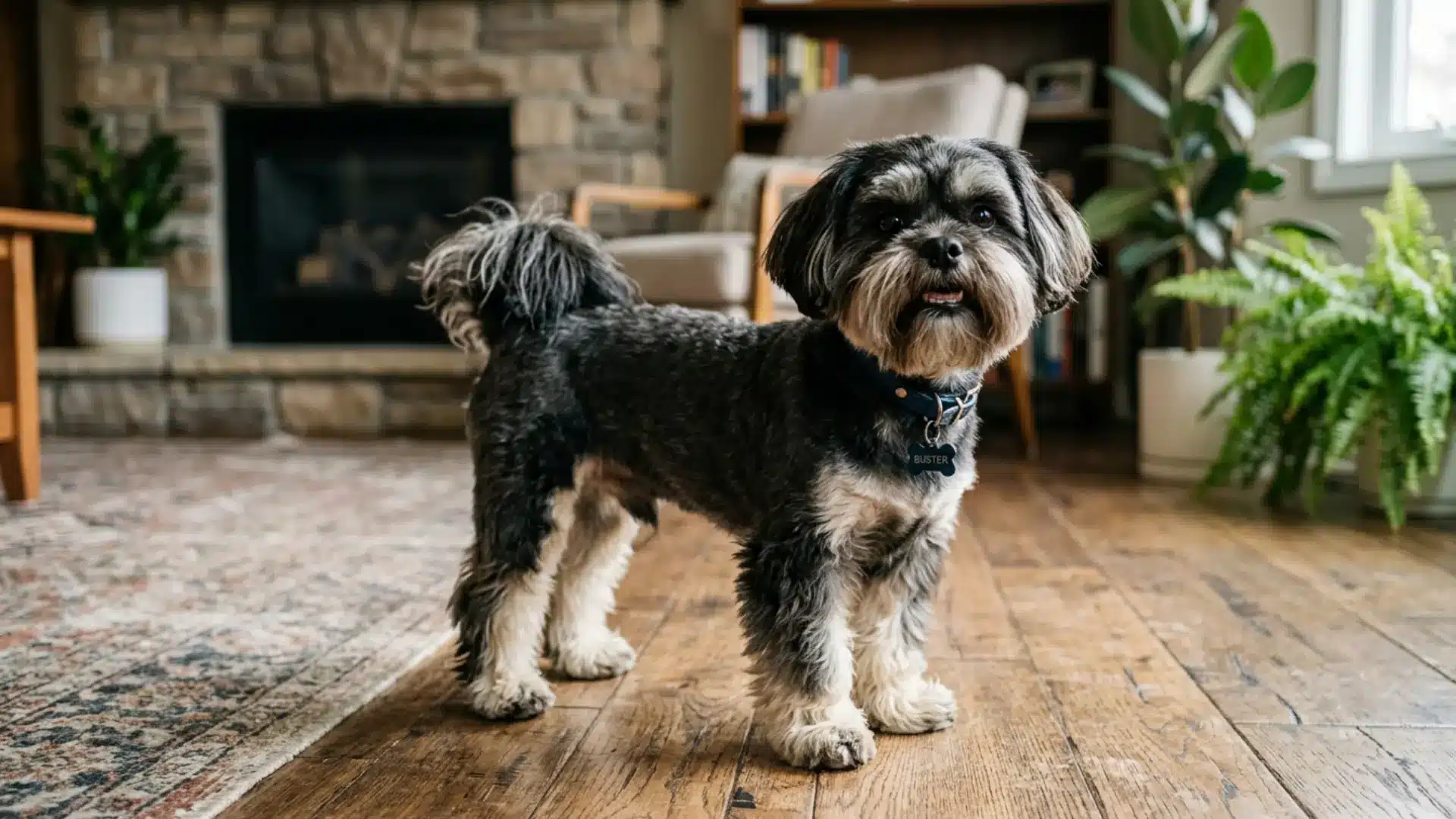 Shih Tzu Schnauzer cut with short body, beard-like muzzle, and fluffy legs standing indoors on wood floor