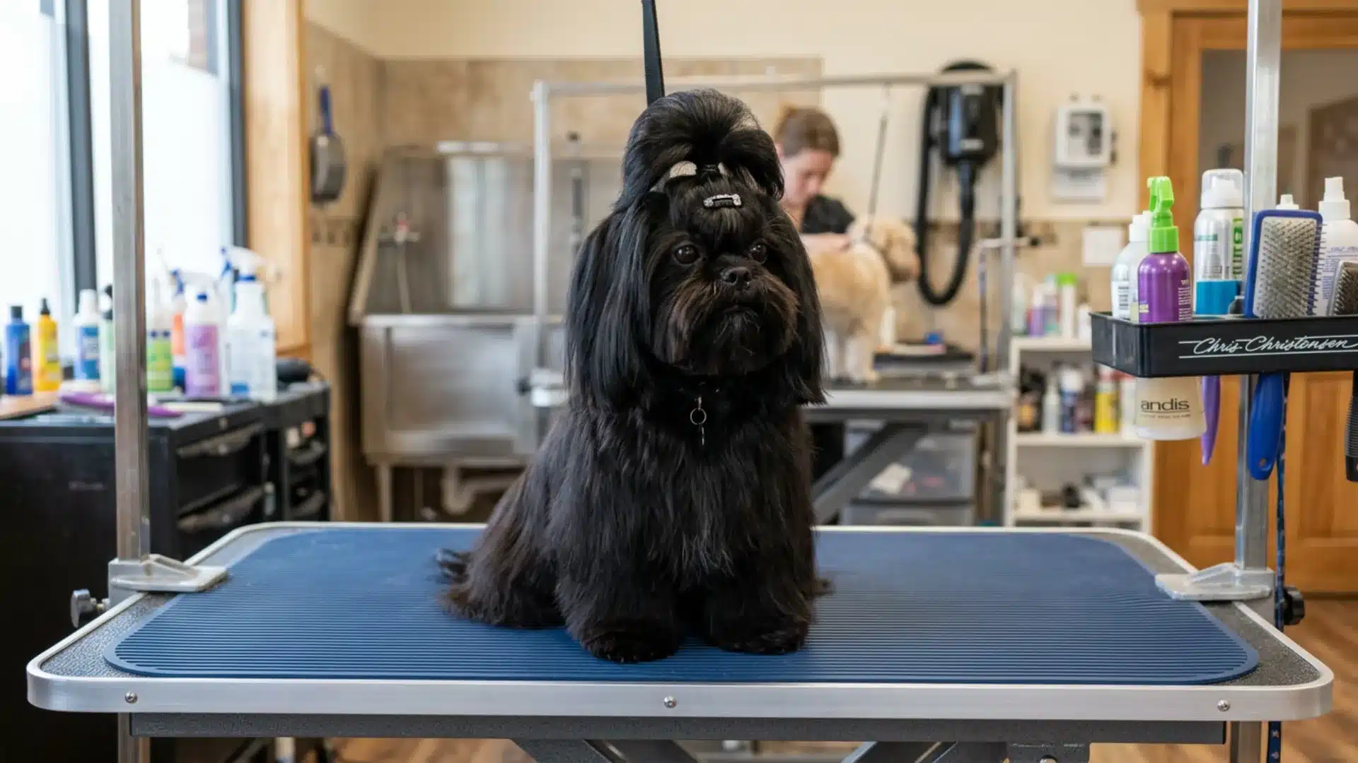 Shih Tzu show cut with long black coat and top knot sitting on a grooming table in a salon