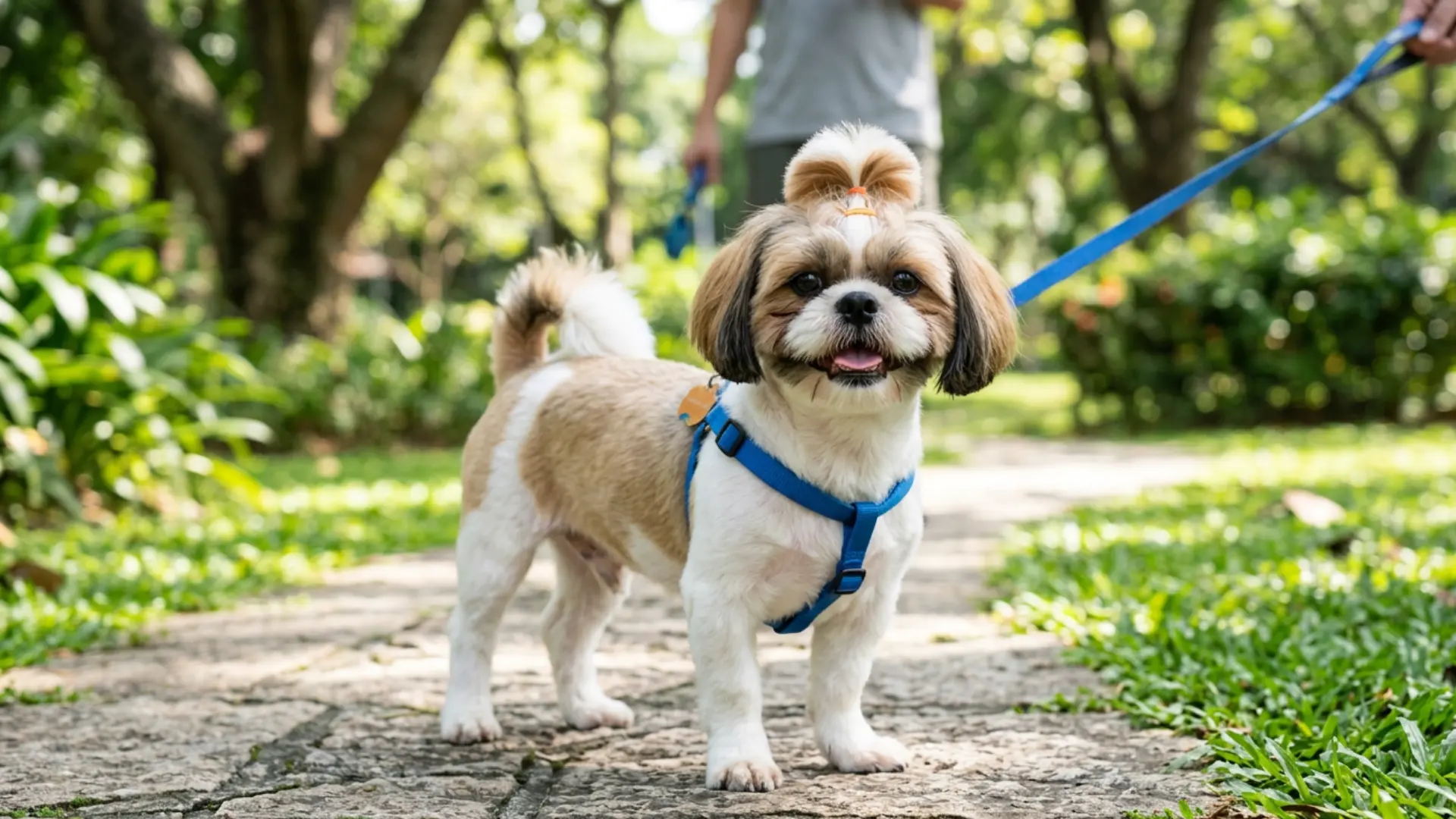 Shih Tzu sporty haircut with short coat, top knot, and blue harness standing on a sunny park path