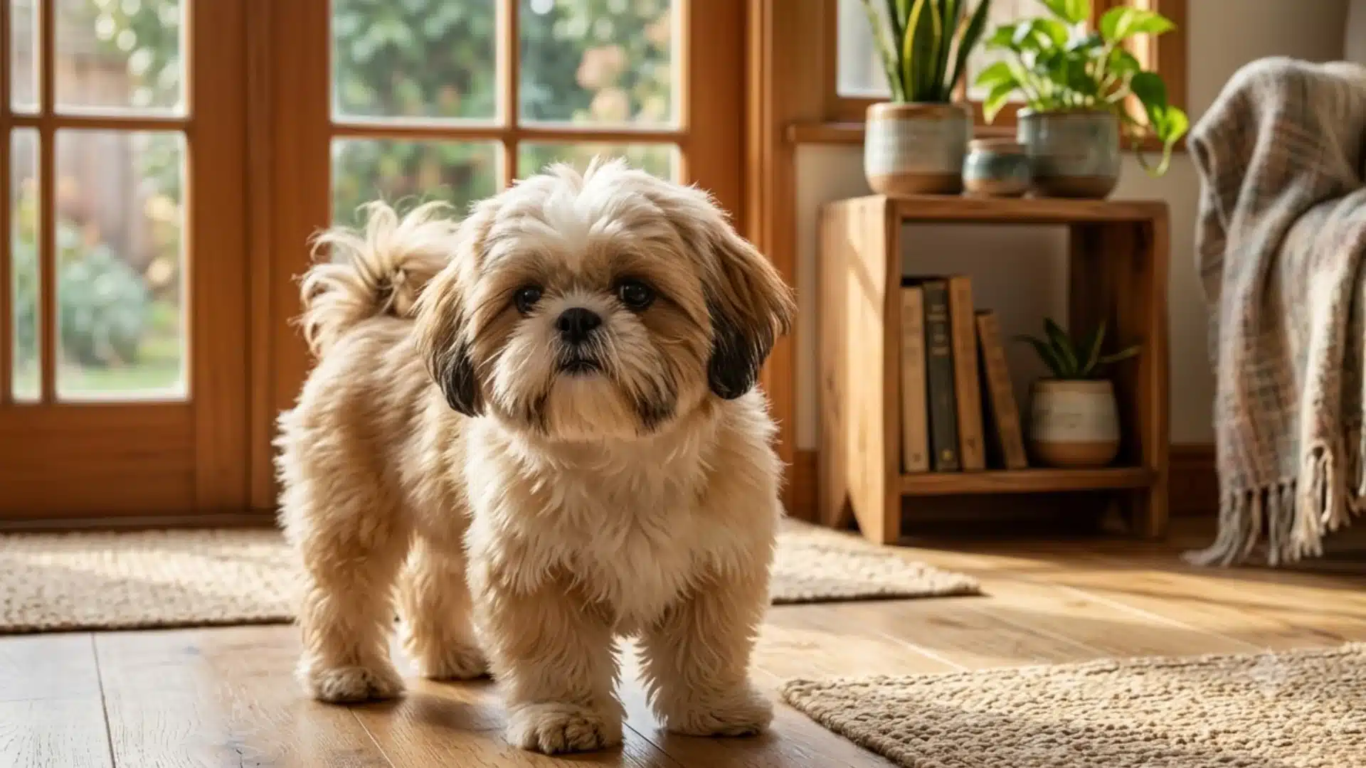 Shih Tzu standing in a cozy living room with plants
