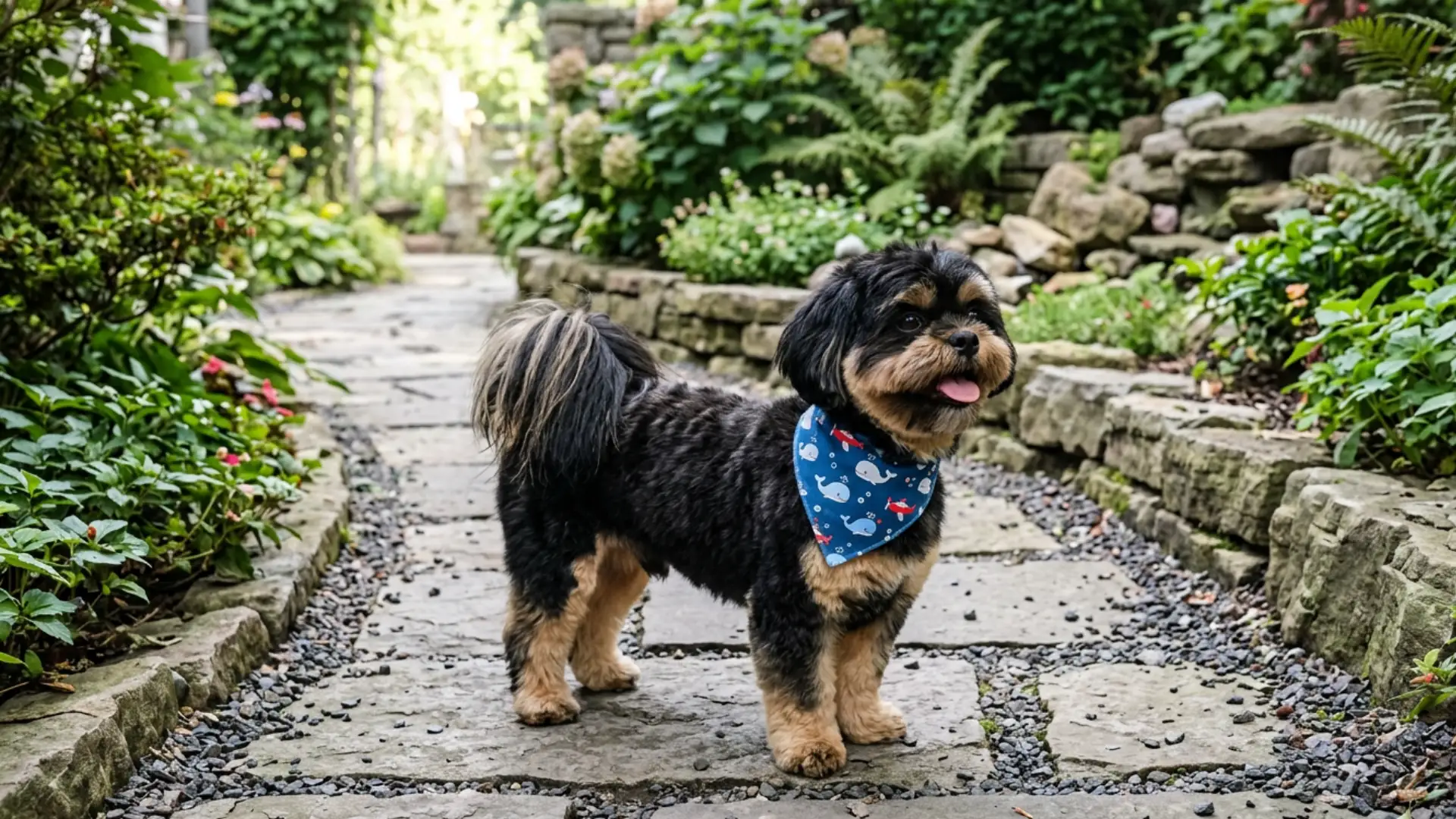 Shih Tzu teddy bear haircut with rounded face standing on a garden path wearing a blue bandana