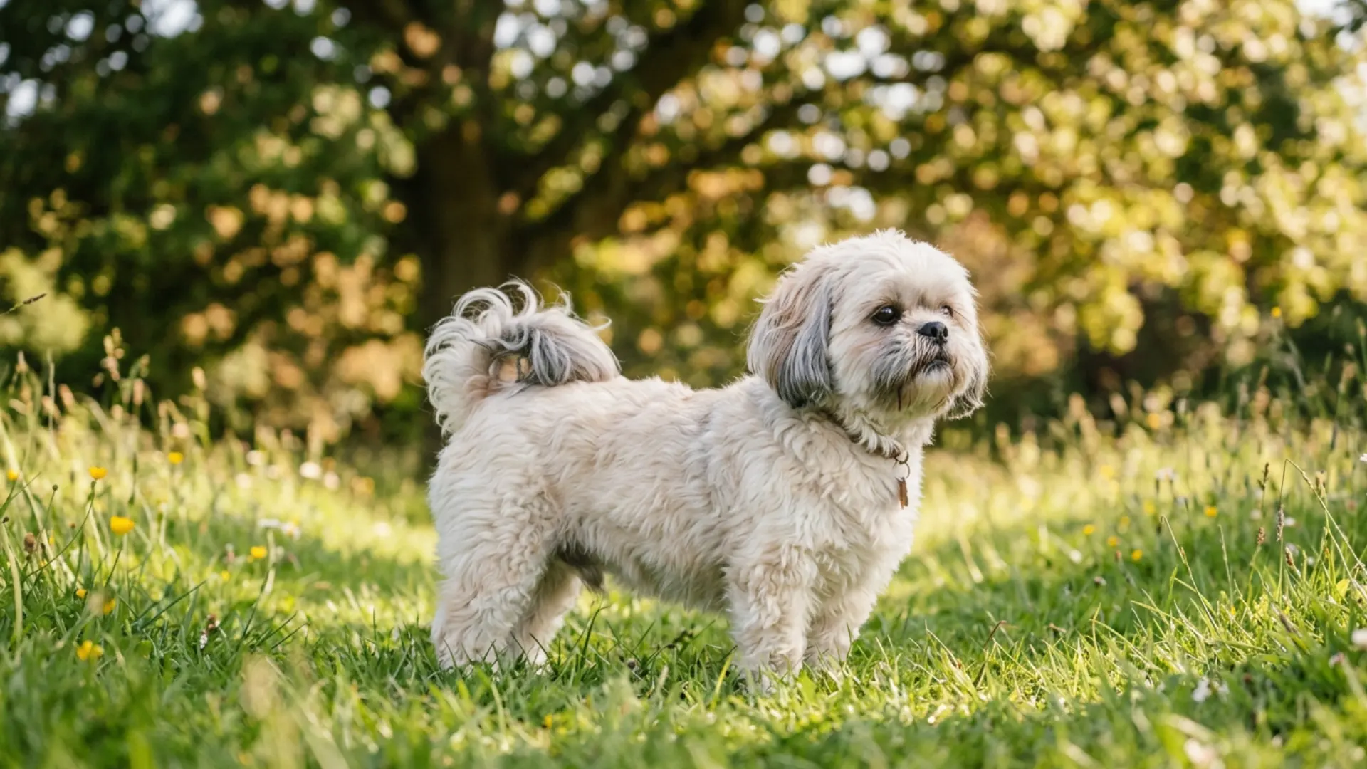 Shih Tzu Westie cut with rounded face standing in sunny grass with trees in the background