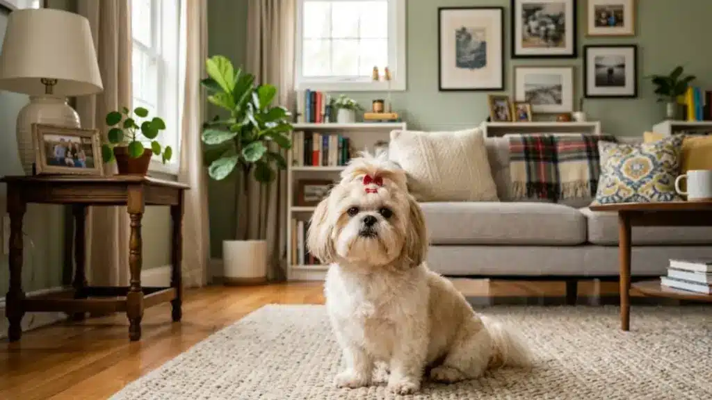 Shih Tzu with summer haircut sitting on a rug in a cozy living room