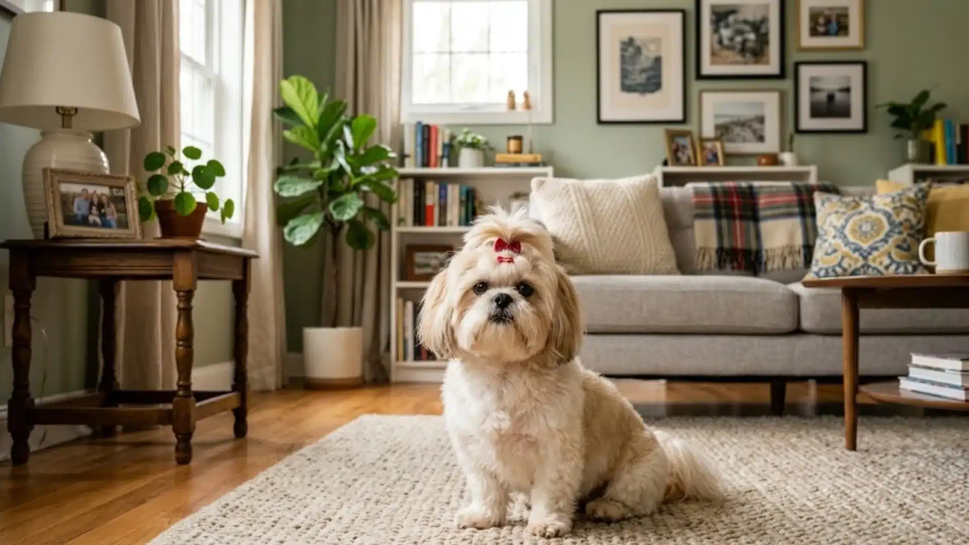 Shih Tzu with summer haircut sitting on a rug in a cozy living room