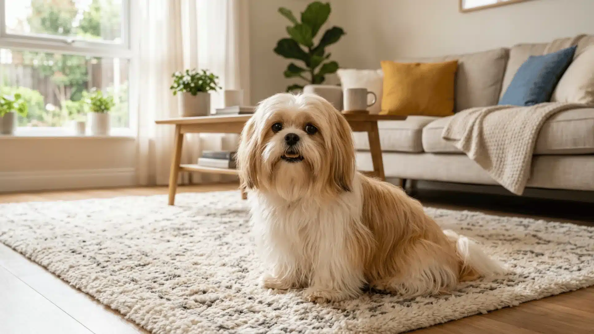 Shih Tzu sitting on a cozy living room rug near a sofa and window