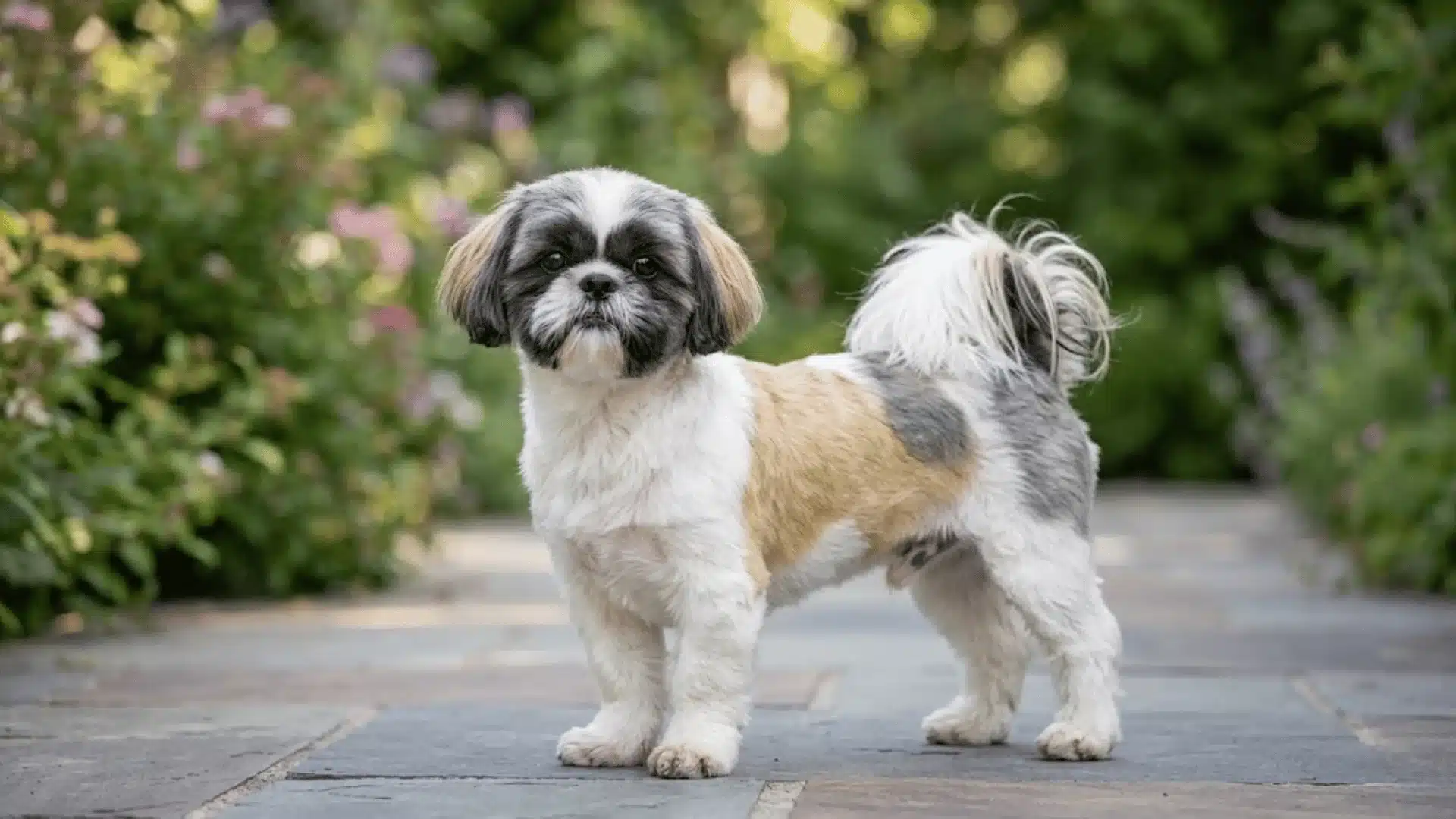 Shih Tzu standing on a garden path with a fluffy coat and curled tail