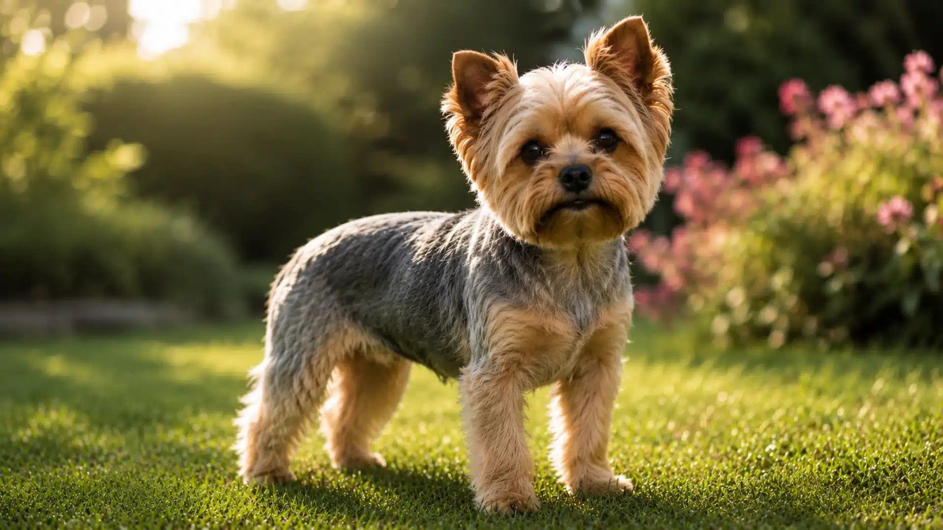 Short-face Haircut Yorkie standing on grass in a garden