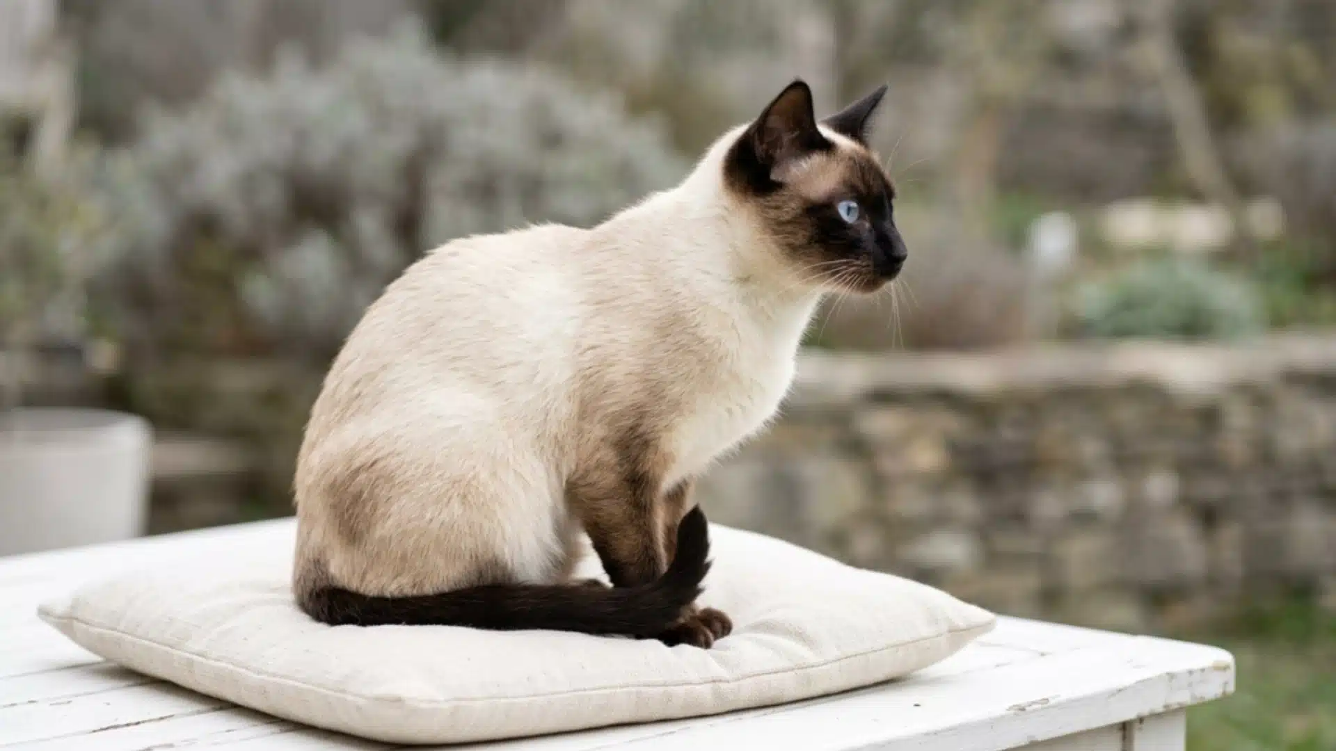 Siamese cat sitting on cushion